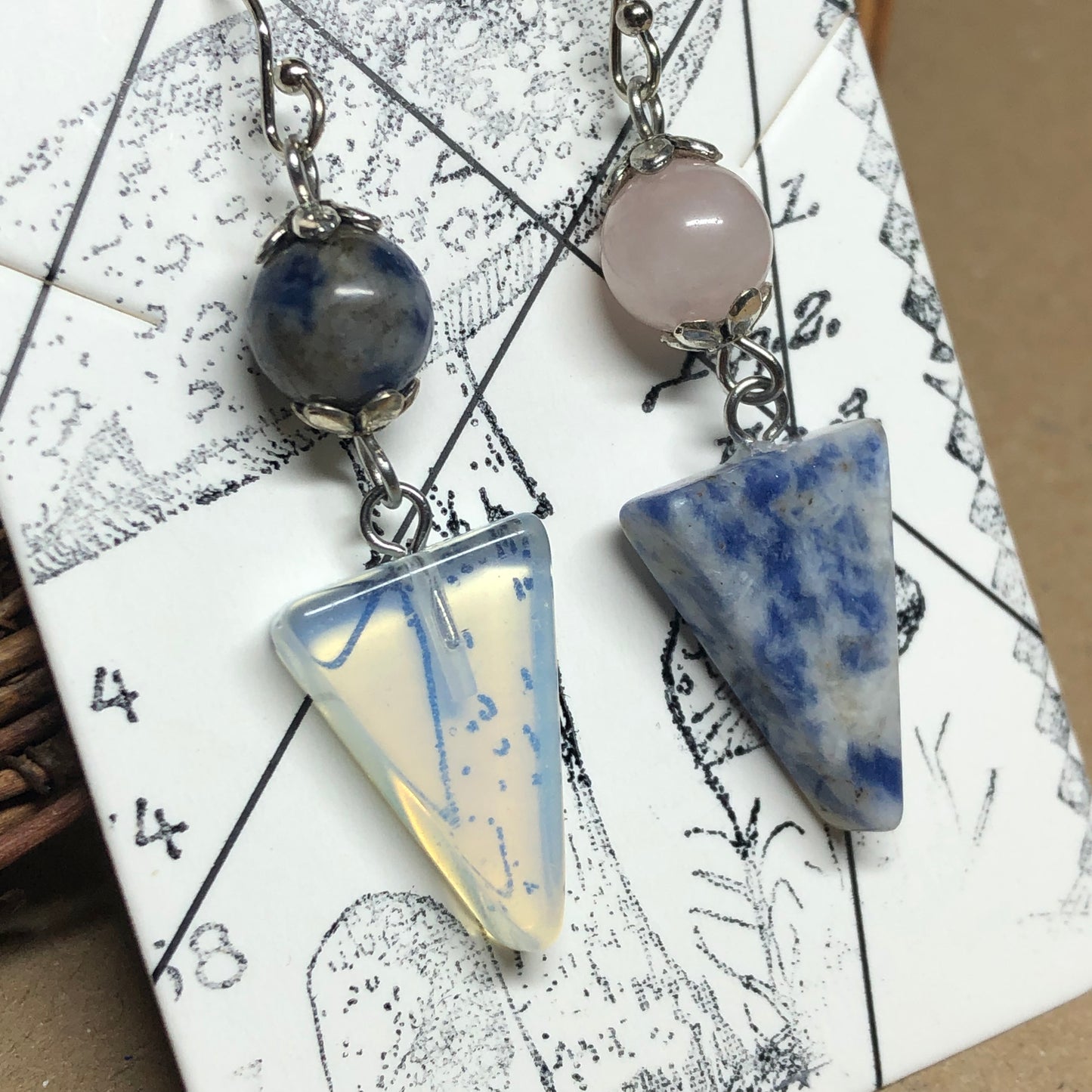 Mismatched triangle gemstone earrings - Sodalite, Opalite and Rose Quartz