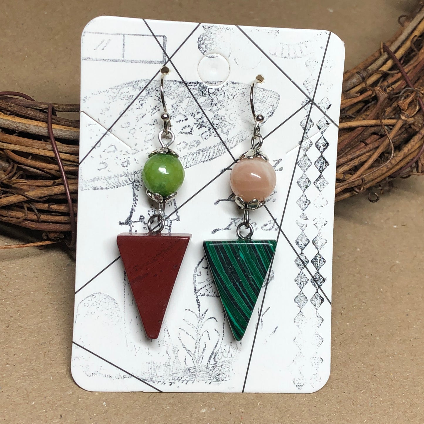 Mismatched triangle gemstone earrings - Peridot, Jasper, Sunstone and Malachite