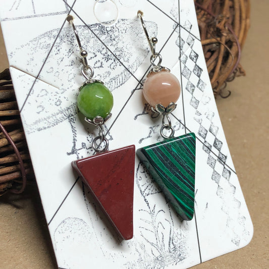 Mismatched triangle gemstone earrings - Peridot, Jasper, Sunstone and Malachite