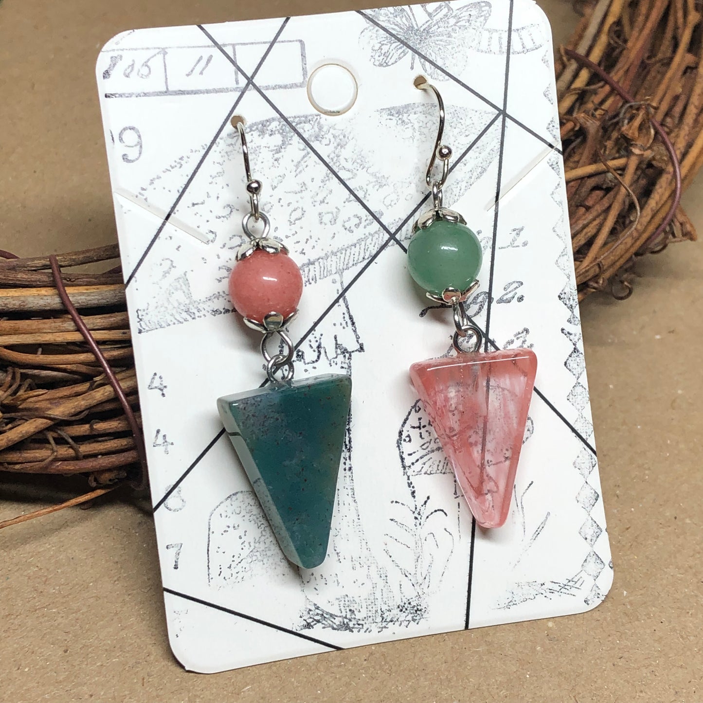 Mismatched triangle gemstone earrings - Amazonite, Cherry Quartz and Beryl