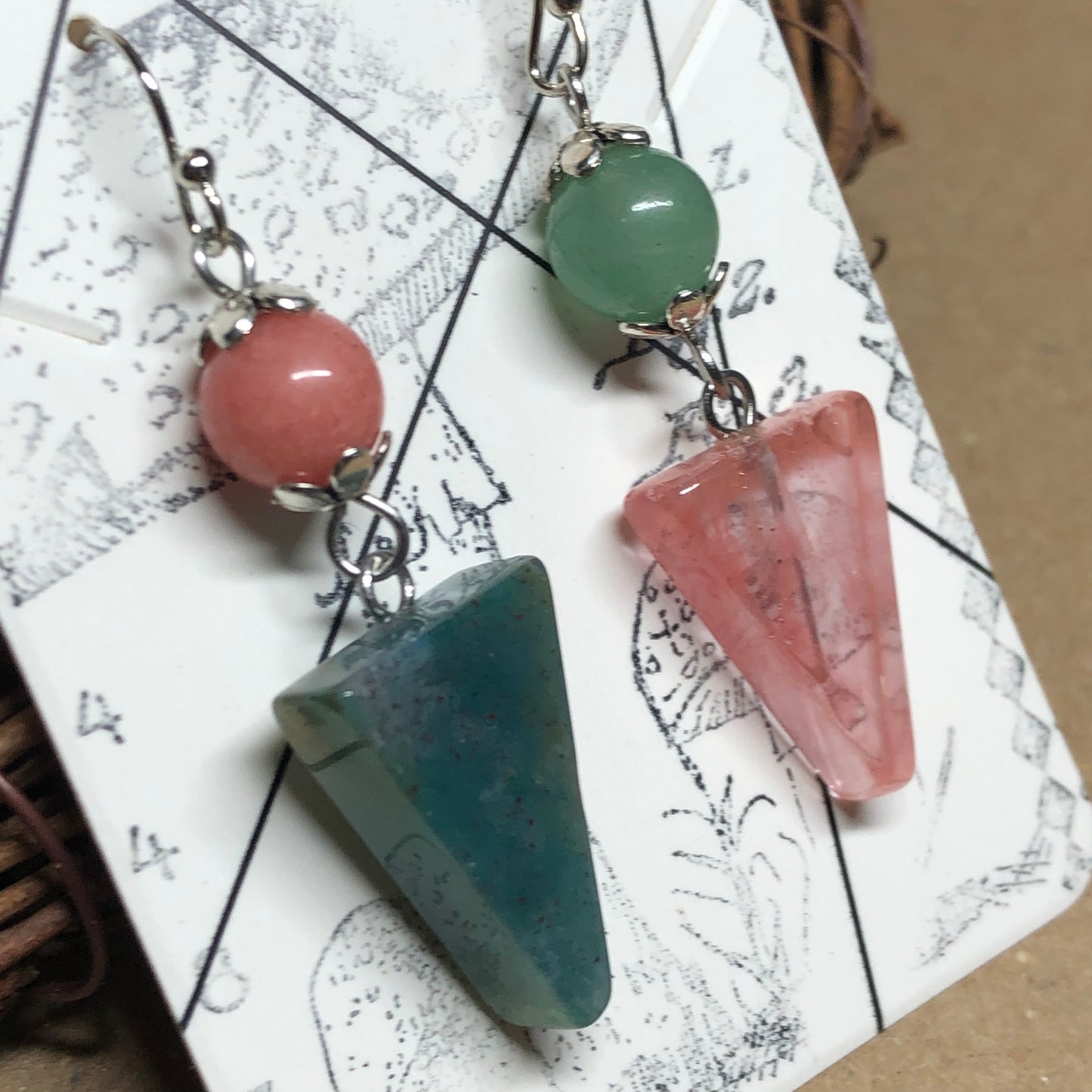 Mismatched triangle gemstone earrings - Amazonite, Cherry Quartz and Beryl