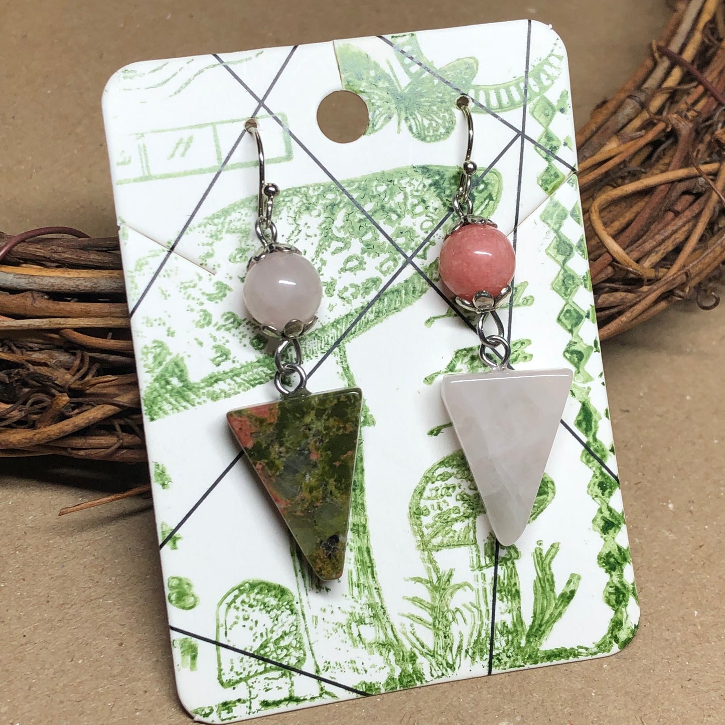 Mismatched triangle gemstone earrings - Rose Quartz, Agate, Lava Rock and Unakite