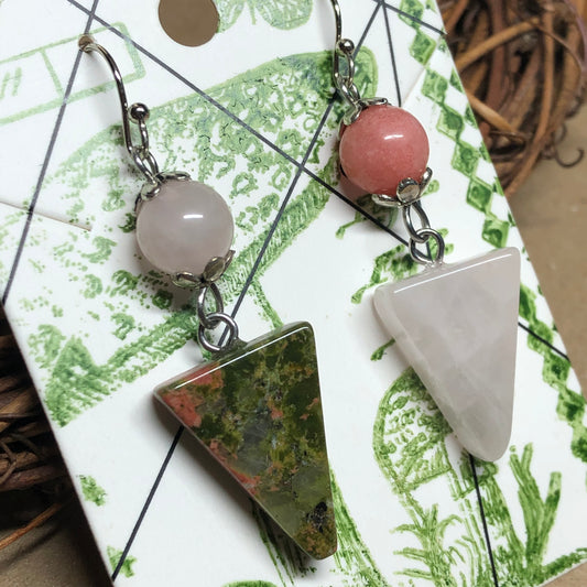 Mismatched triangle gemstone earrings - Rose Quartz, Agate, Lava Rock and Unakite