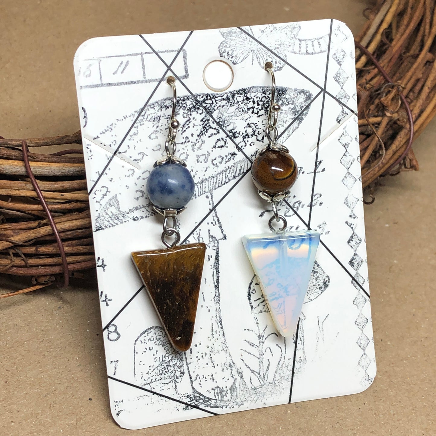 Mismatched triangle gemstone earrings - Opalite, Sodalite and Tigers Eye