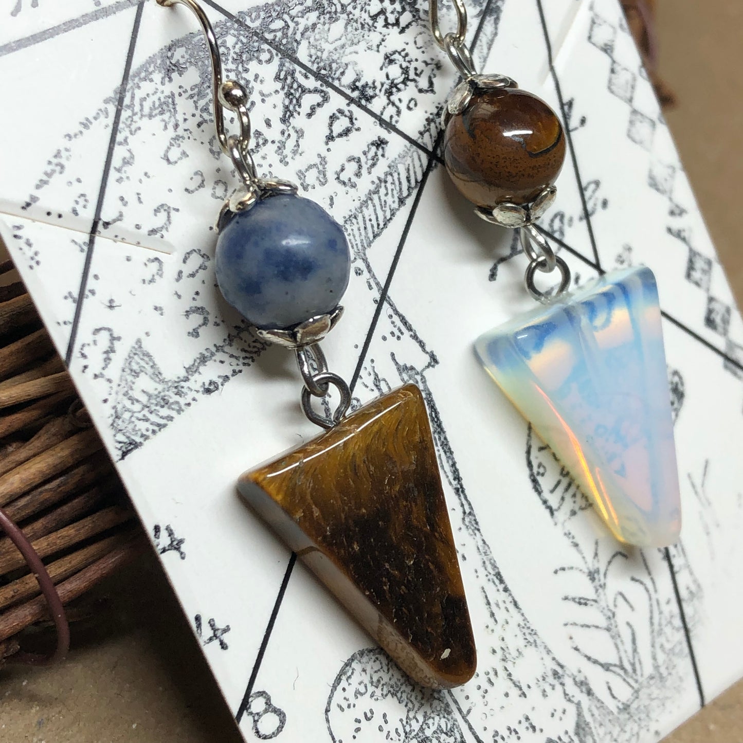 Mismatched triangle gemstone earrings - Opalite, Sodalite and Tigers Eye