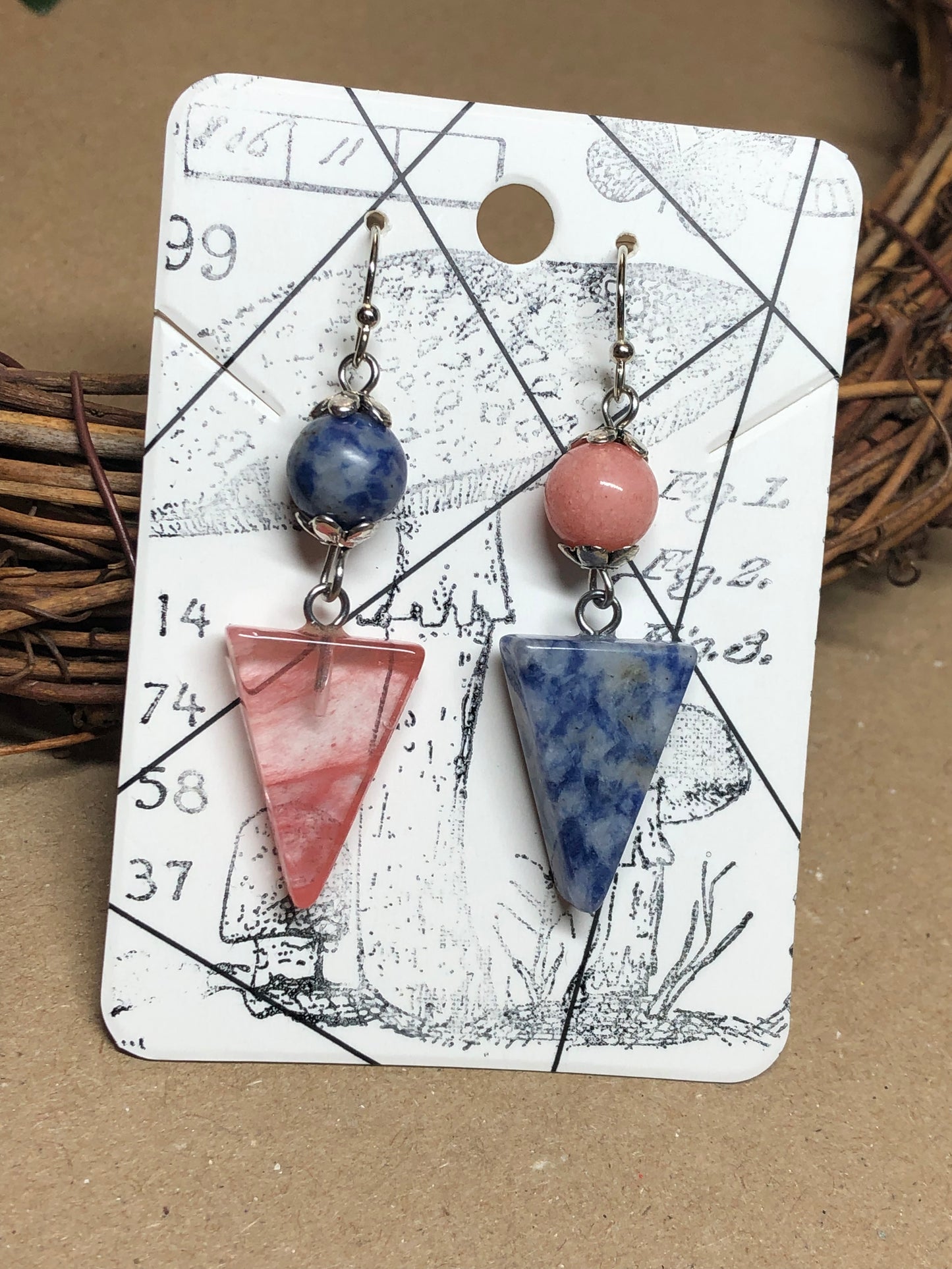 Mismatched triangle gemstone earrings - Sodalite and Beryl