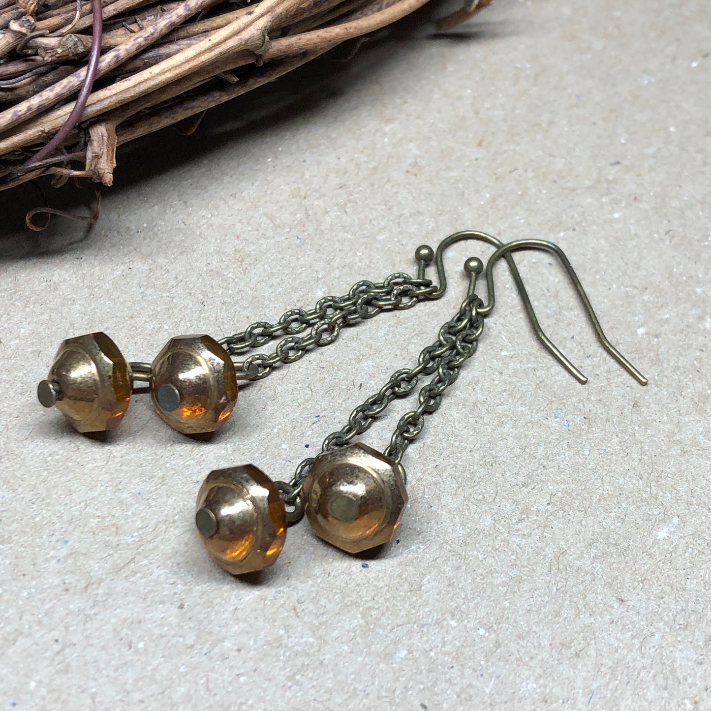 UFO bead dangle bronze earrings