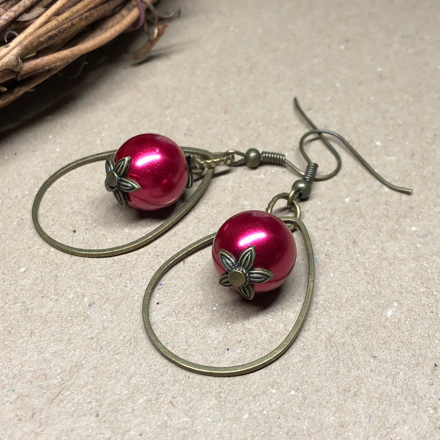 Red pearl bronze hoop earrings