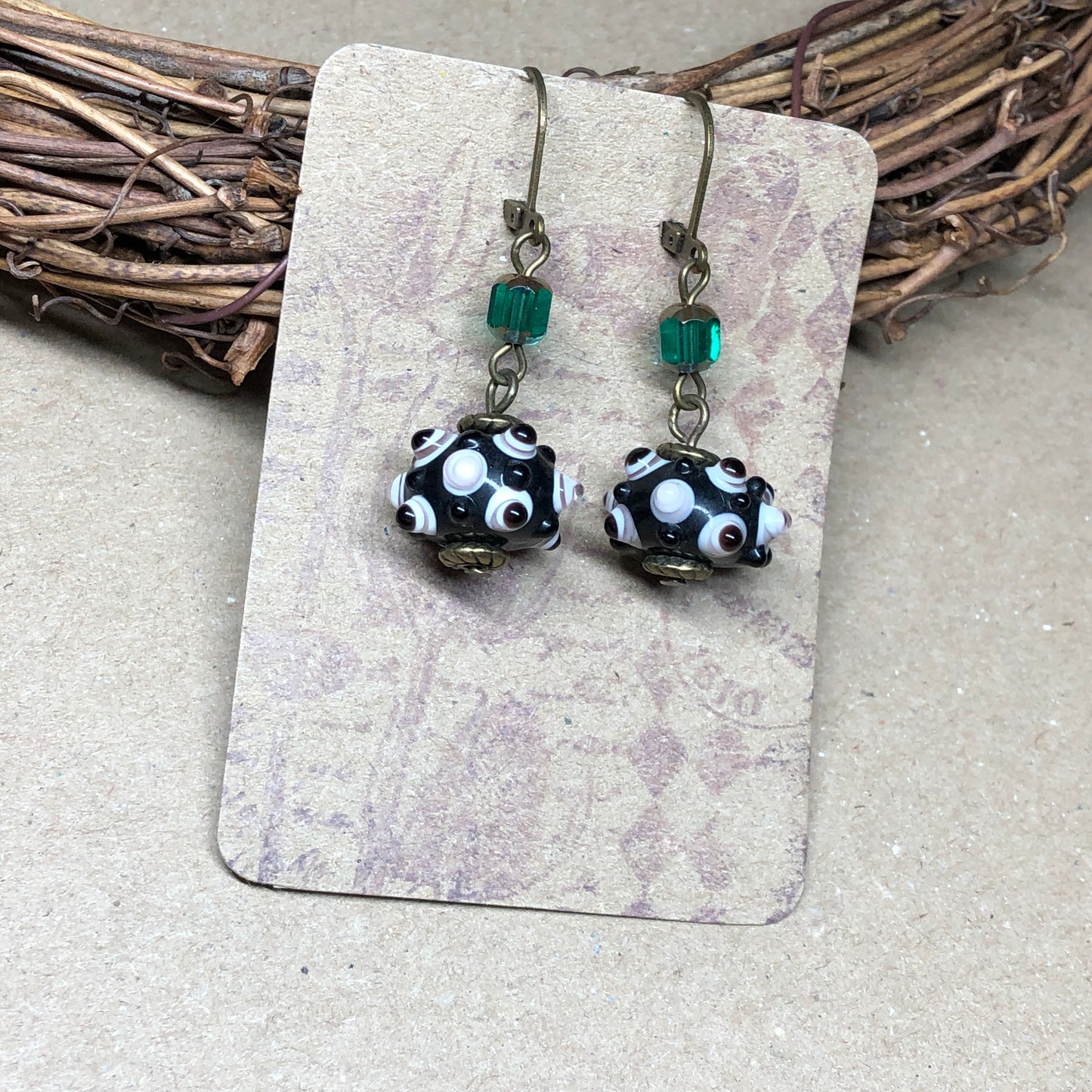 Emerald cathedral glass knobbly bead earrings