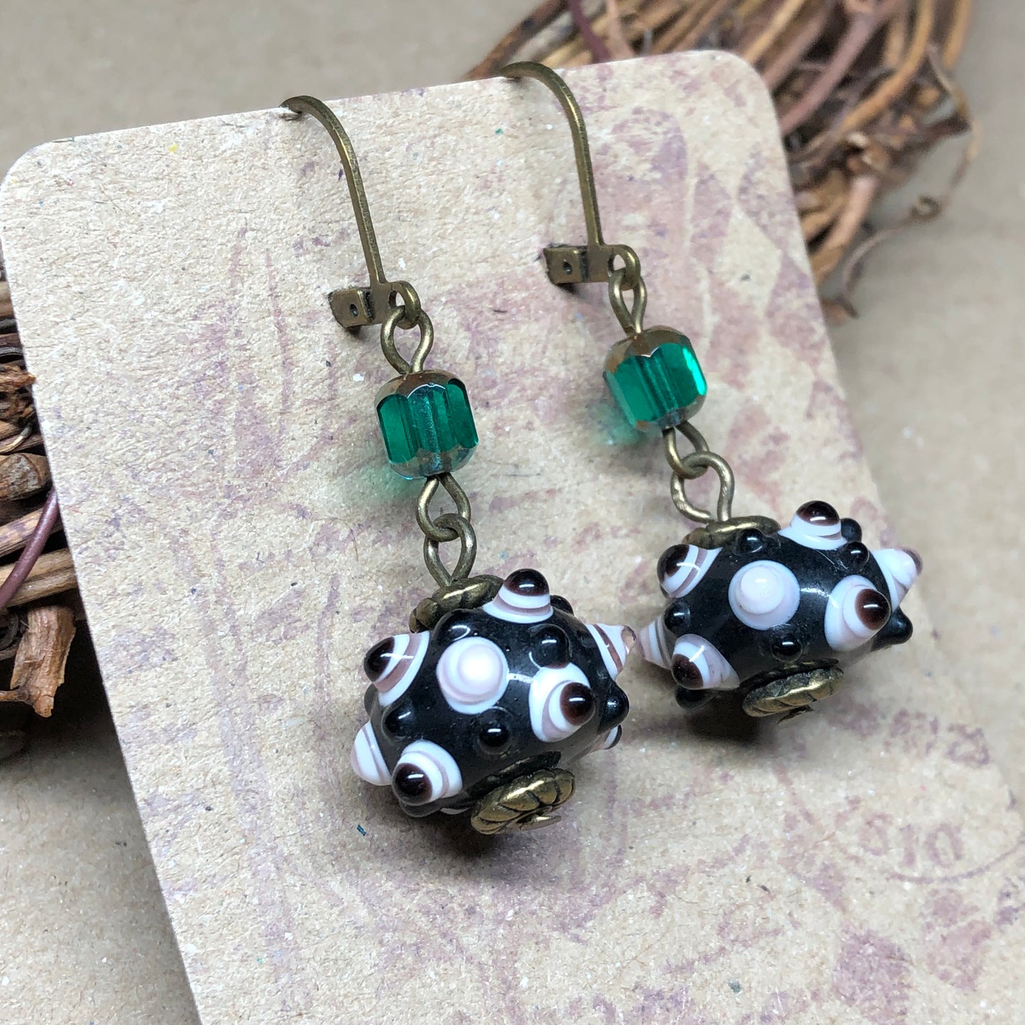 Emerald cathedral glass knobbly bead earrings