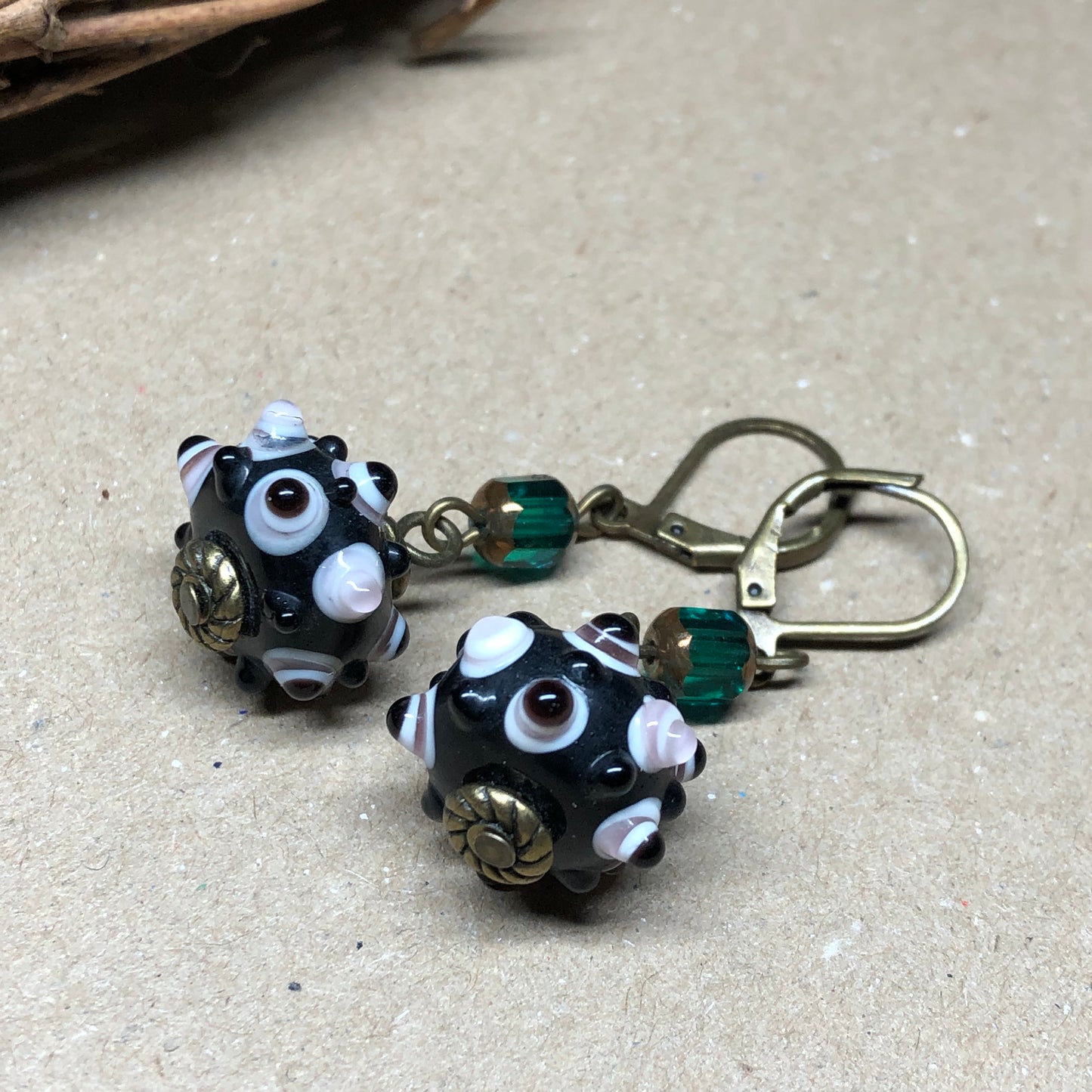 Emerald cathedral glass knobbly bead earrings