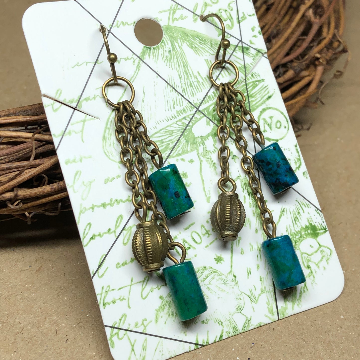 Green Chrysocola barrel bronze earrings