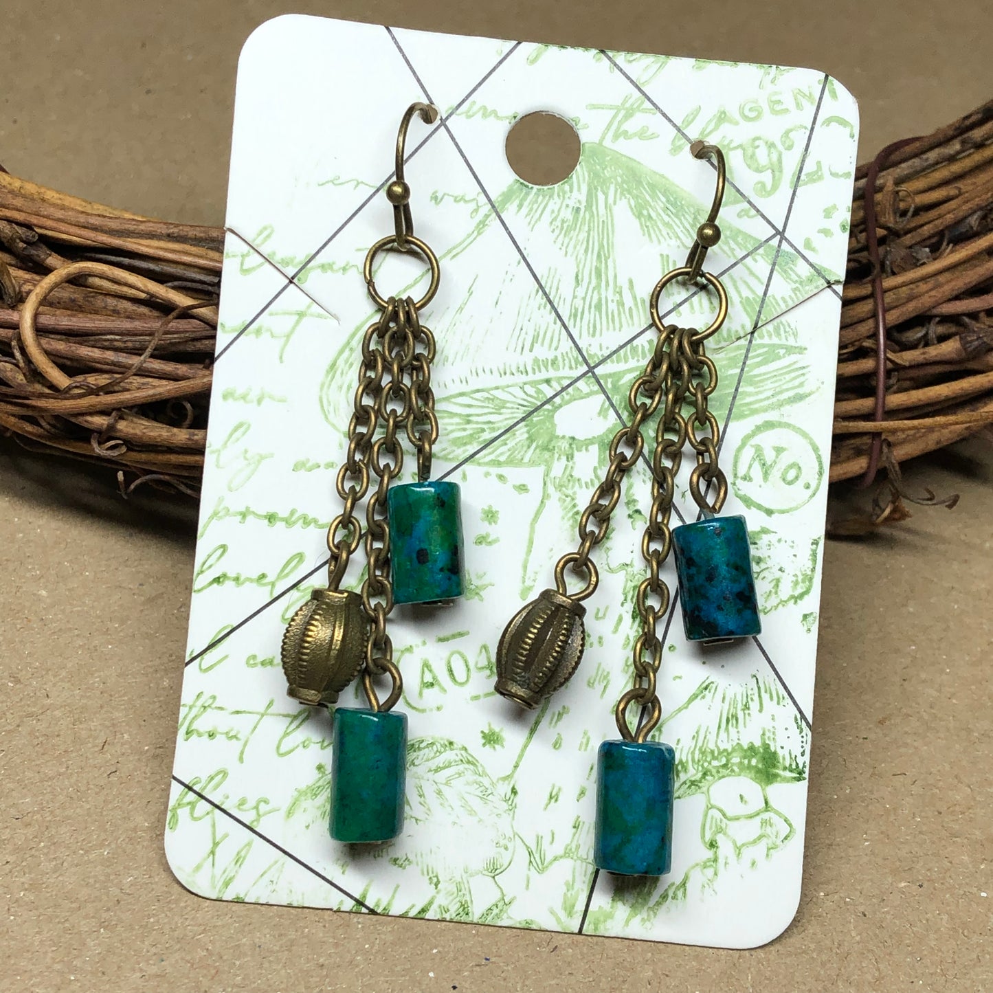 Green Chrysocola barrel bronze earrings