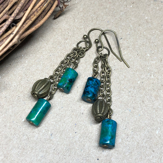 Green Chrysocola barrel bronze earrings