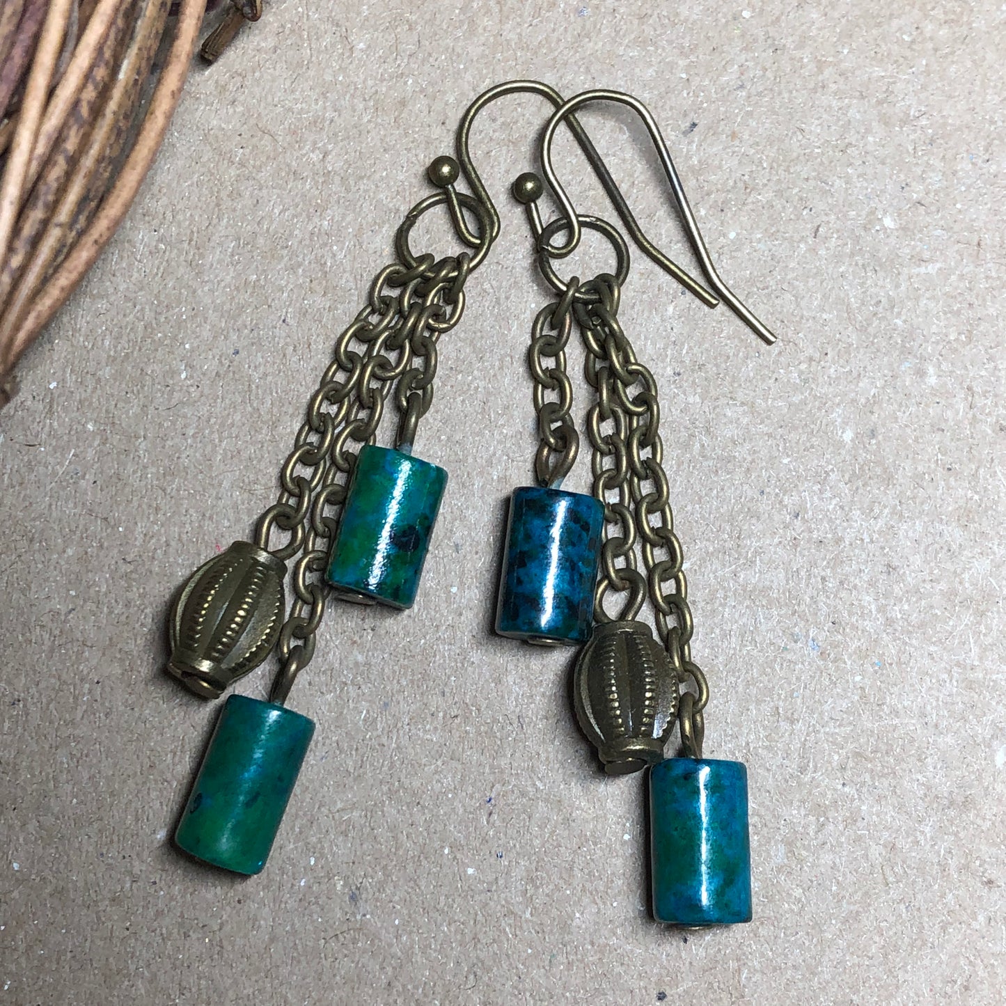 Green Chrysocola barrel bronze earrings