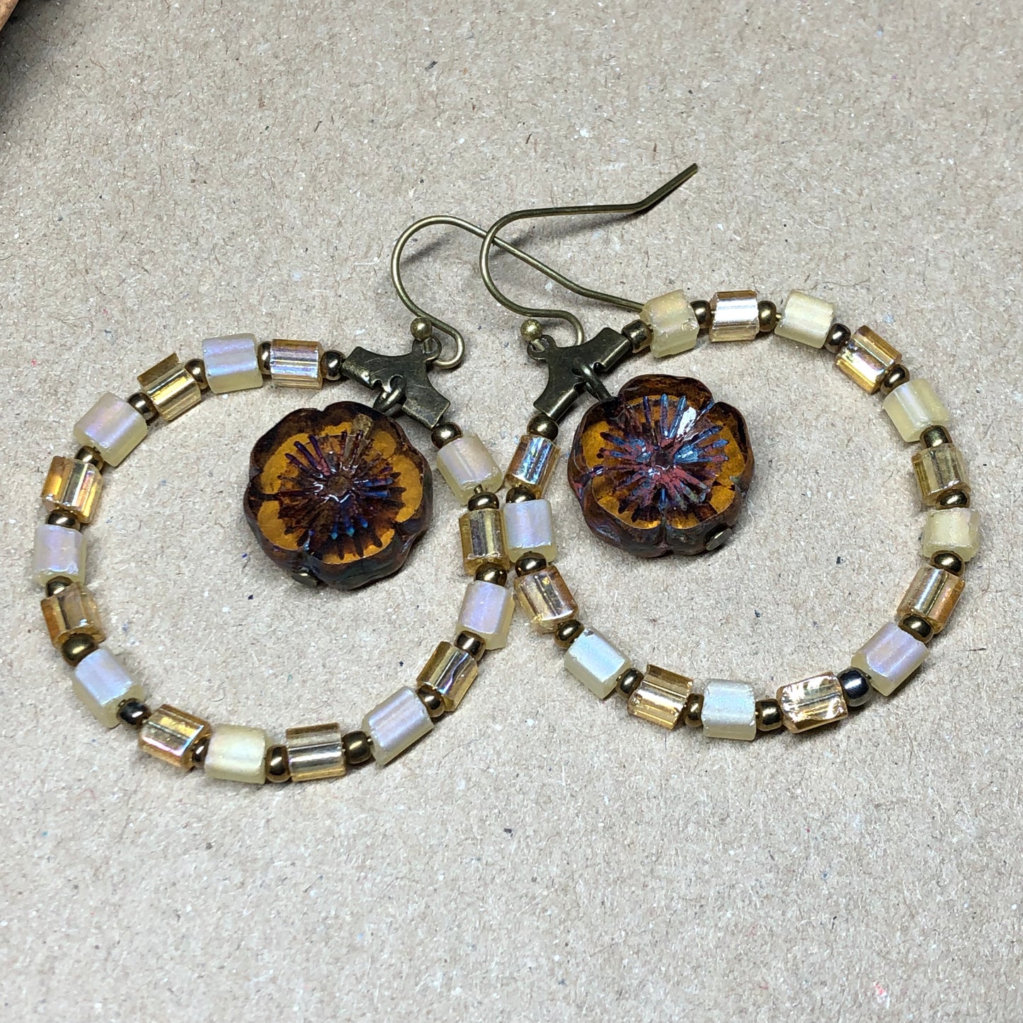 Yellow glass hoop earrings with Amber Czech glass flowers