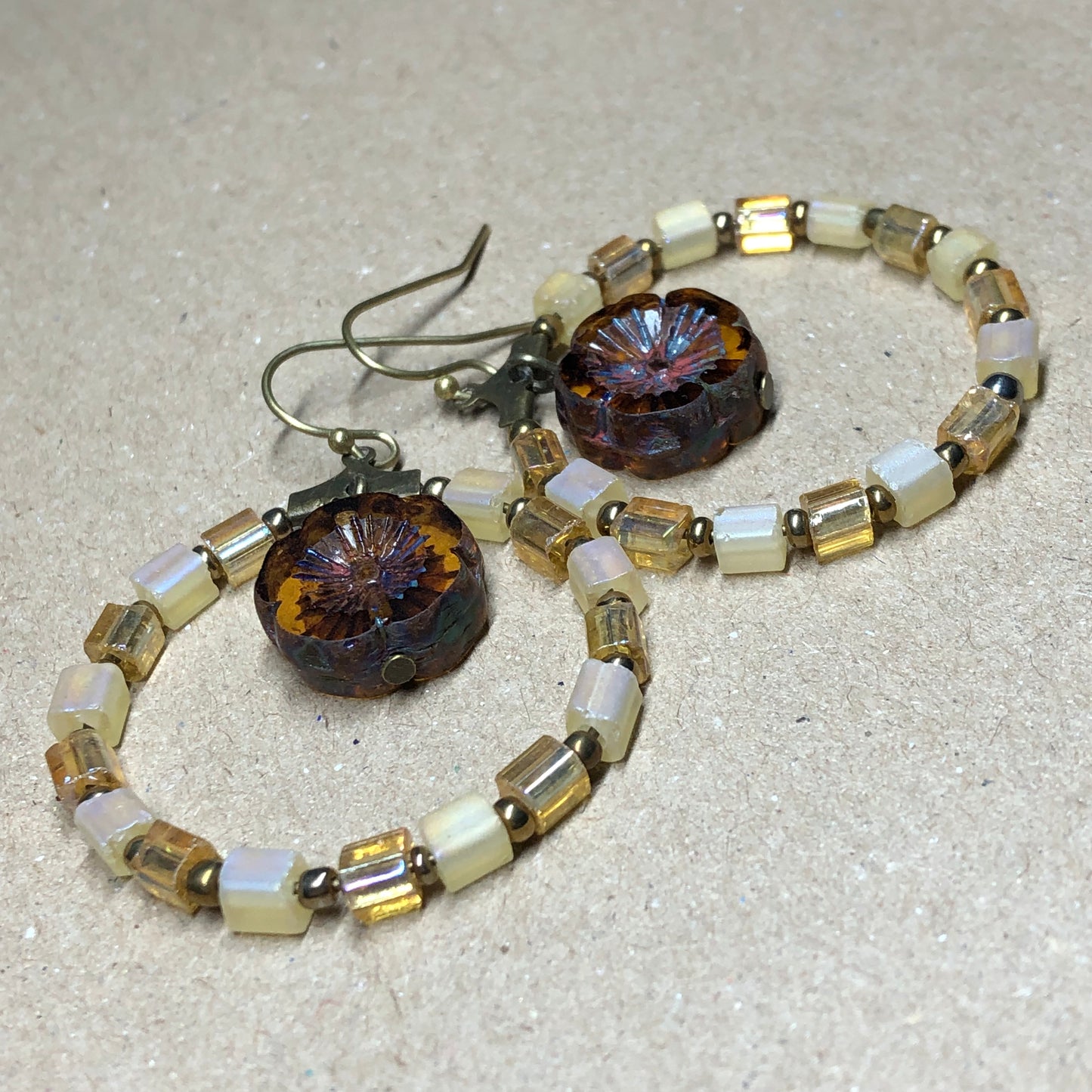 Yellow glass hoop earrings with Amber Czech glass flowers