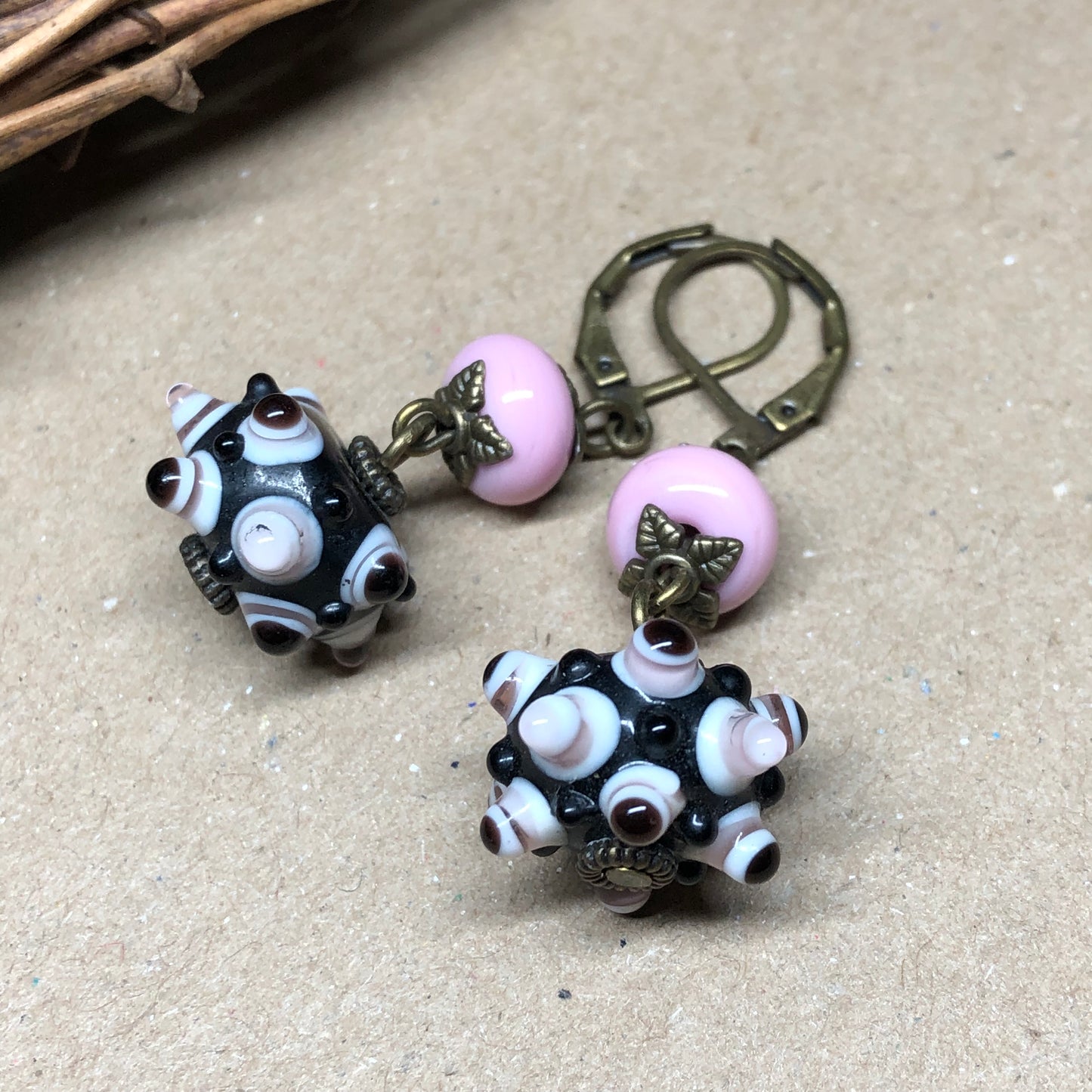 Pink lampwork and knobbly bead earrings