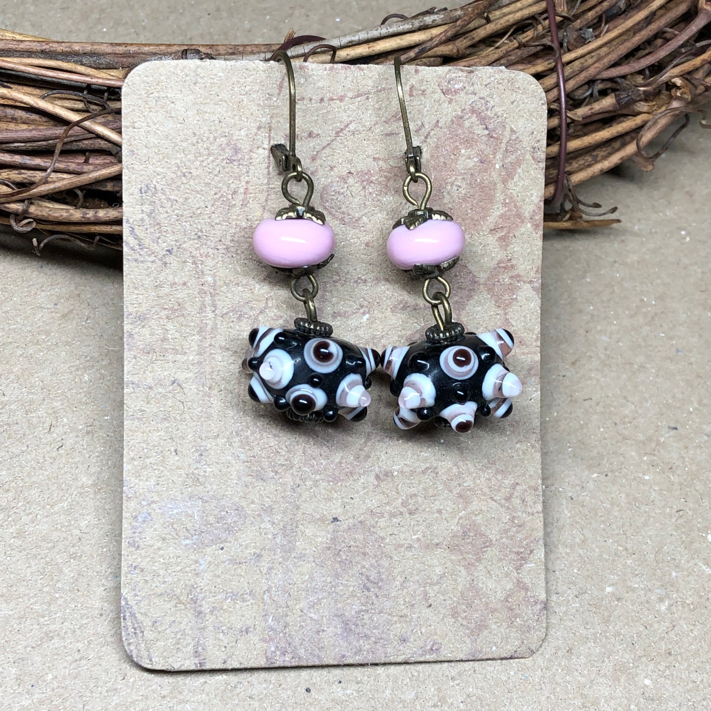 Pink lampwork and knobbly bead earrings