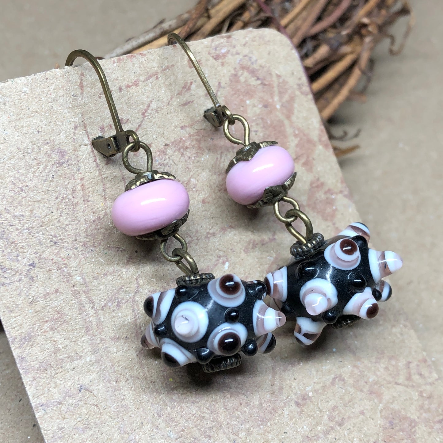 Pink lampwork and knobbly bead earrings