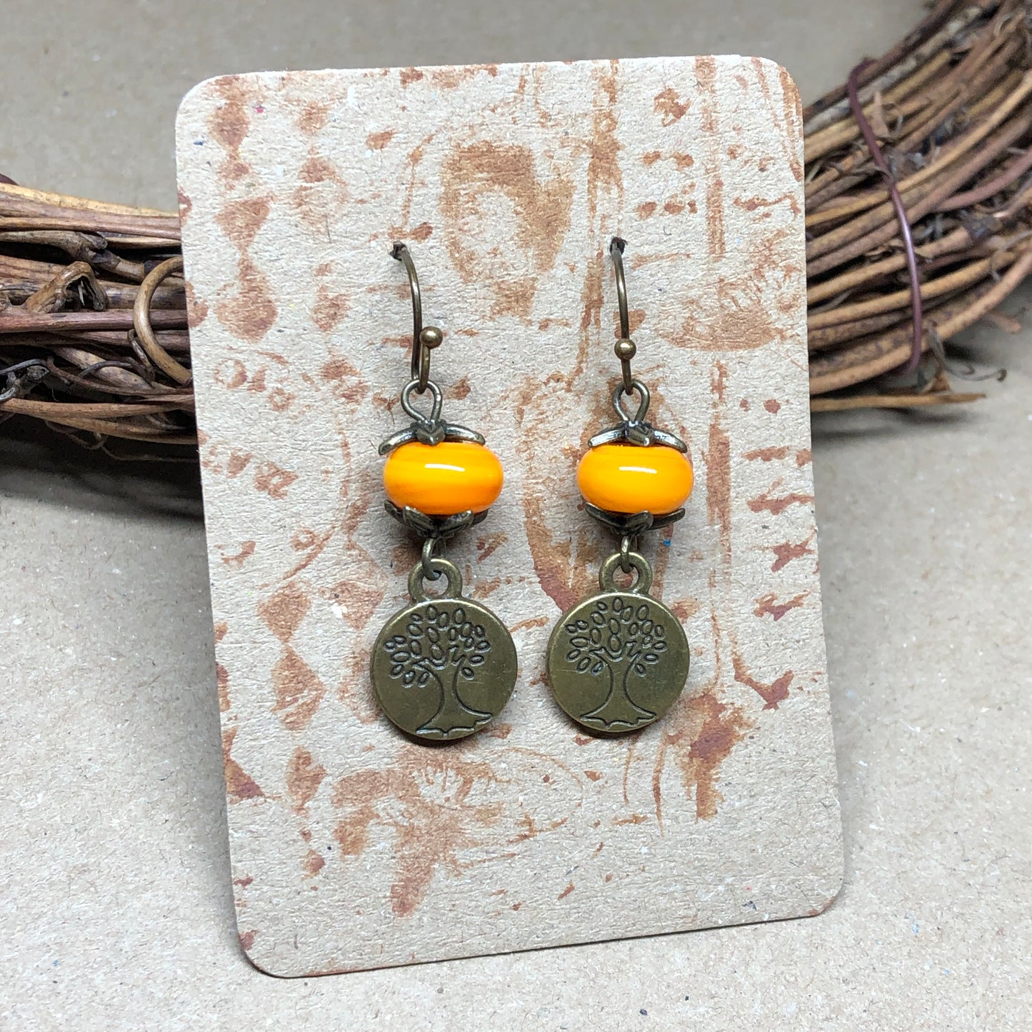 Pumpkin glass tree of life earrings