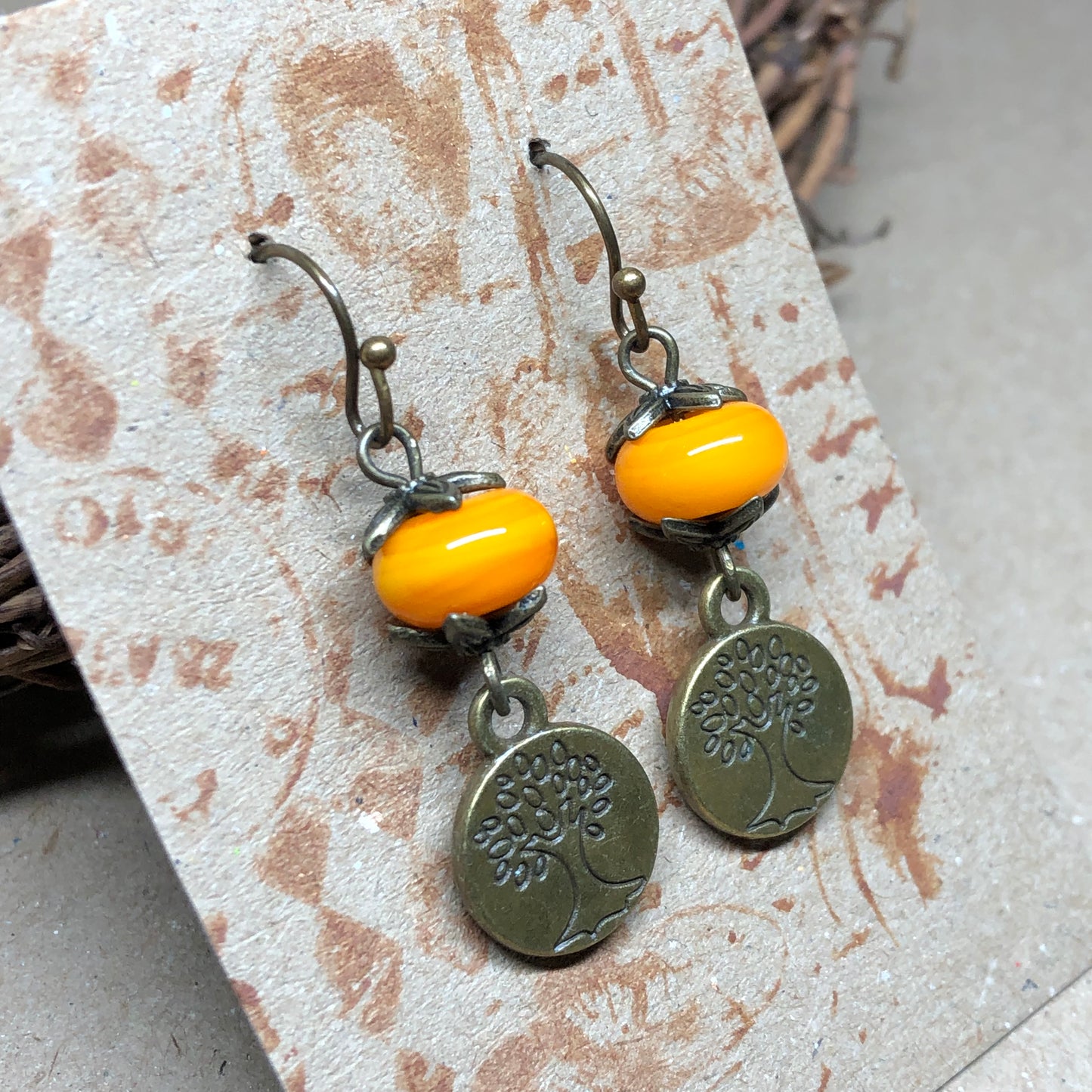 Pumpkin glass tree of life earrings