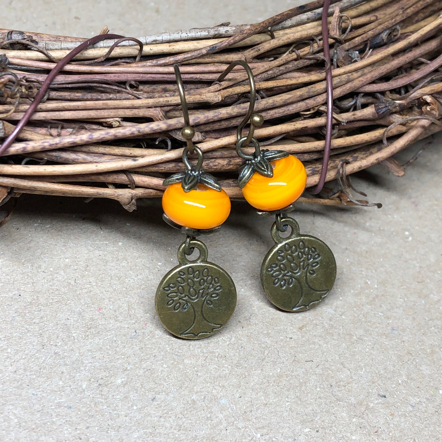 Pumpkin glass tree of life earrings