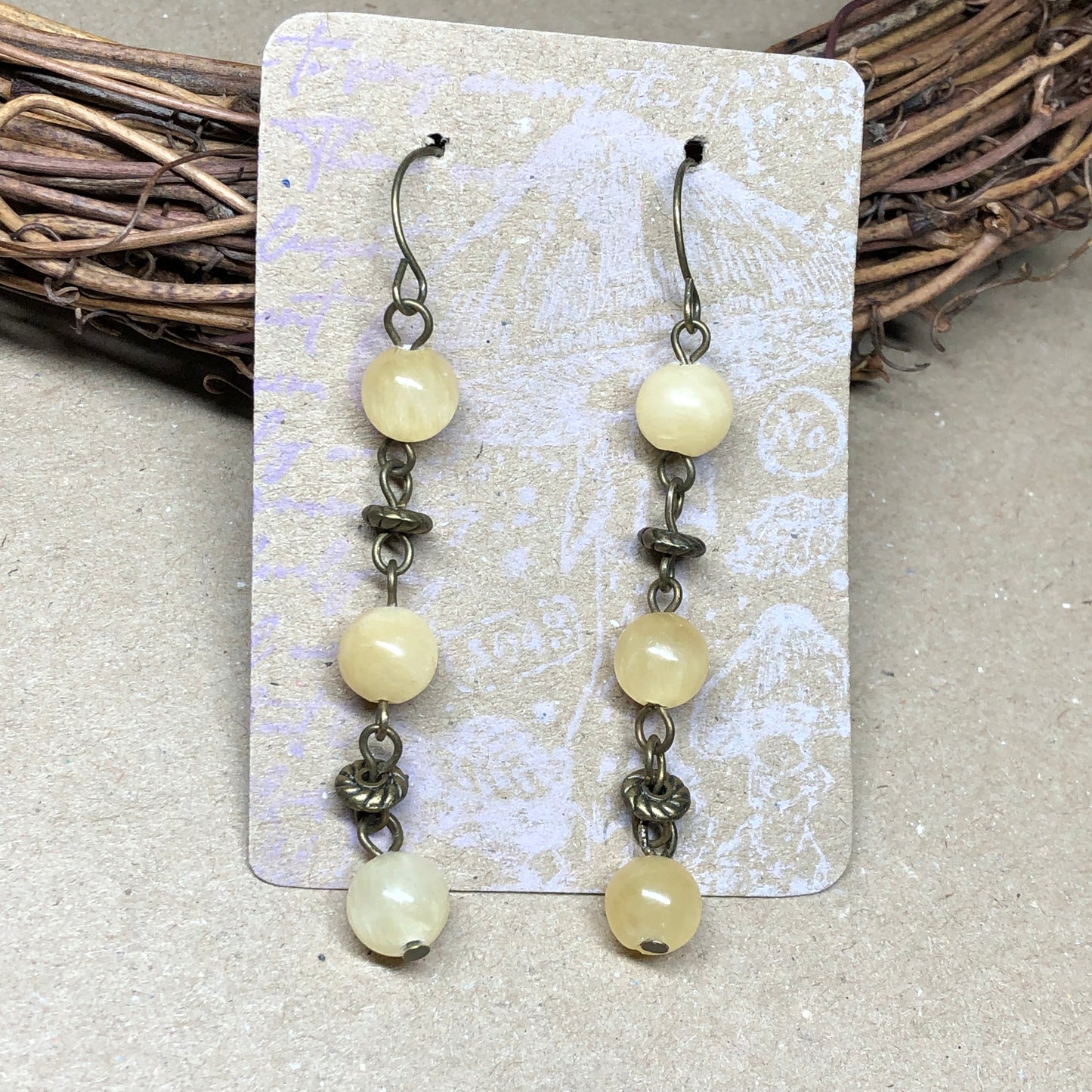 Yellow Jade bronze dangle earrings