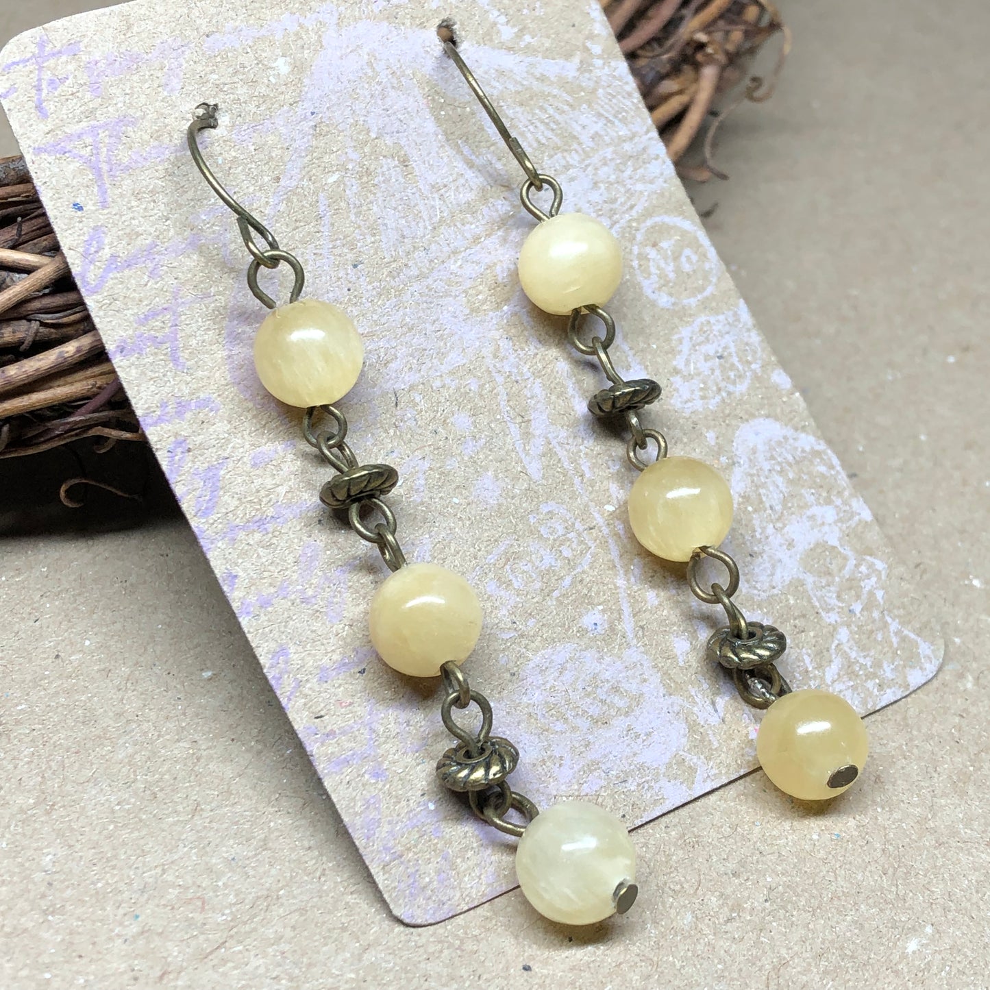 Yellow Jade bronze dangle earrings