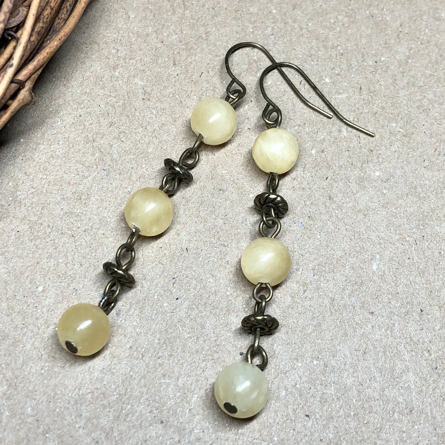 Yellow Jade bronze dangle earrings