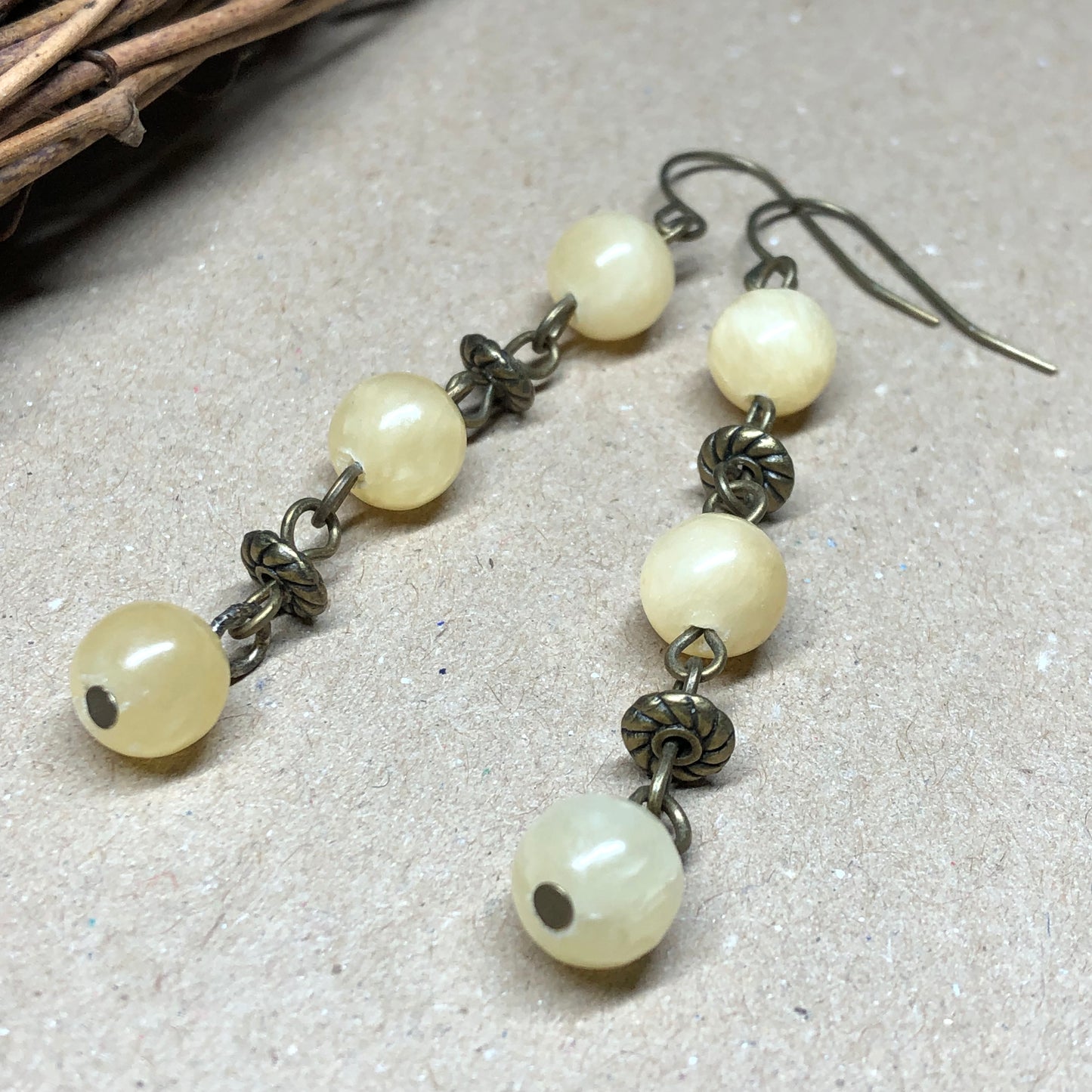 Yellow Jade bronze dangle earrings