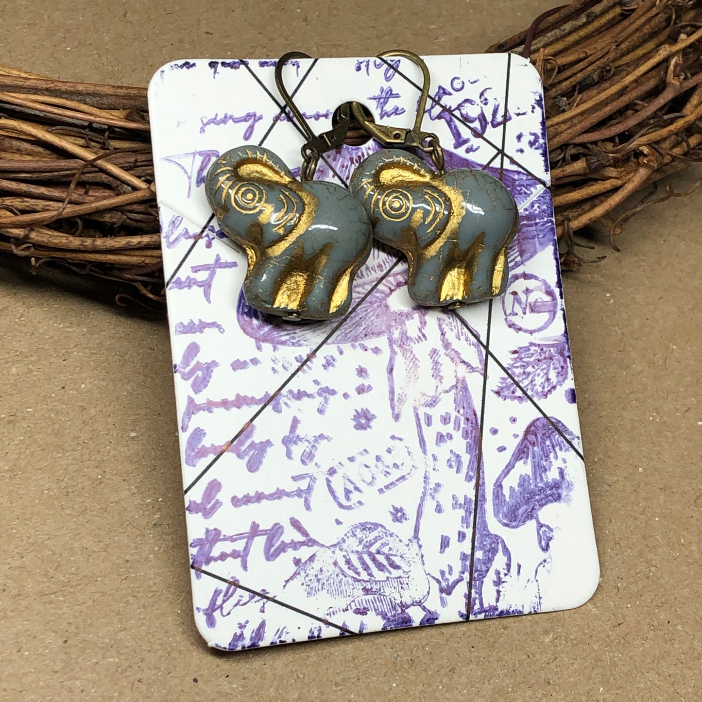 Grey glass elephant earrings