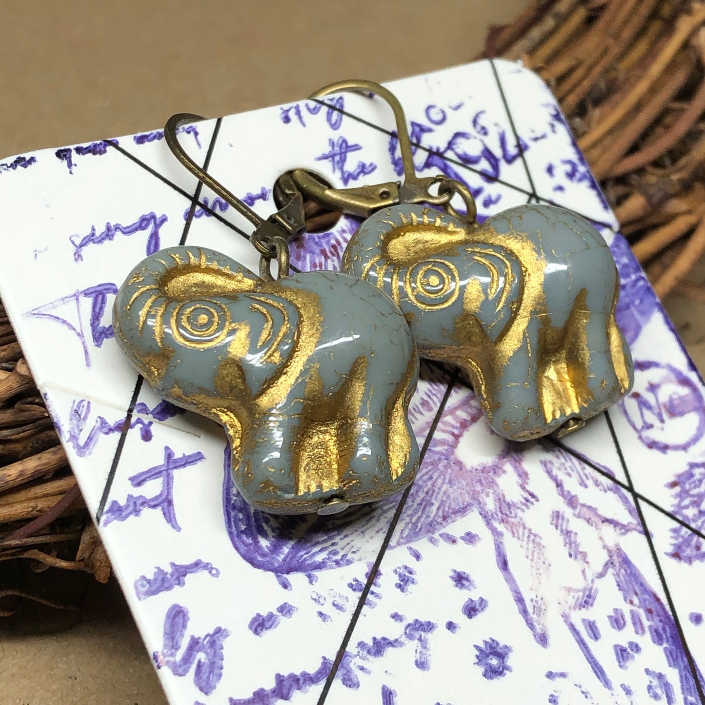 Grey glass elephant earrings