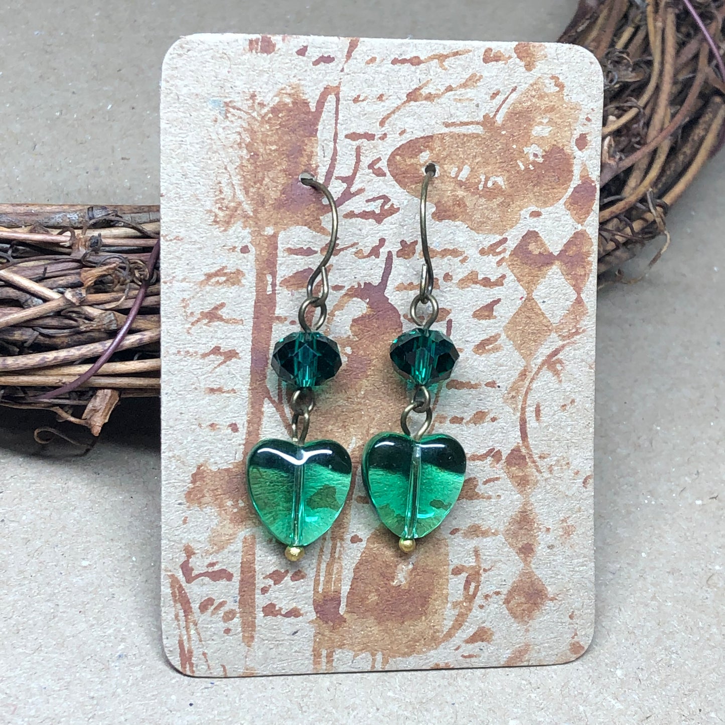 Green heart and crystal earrings