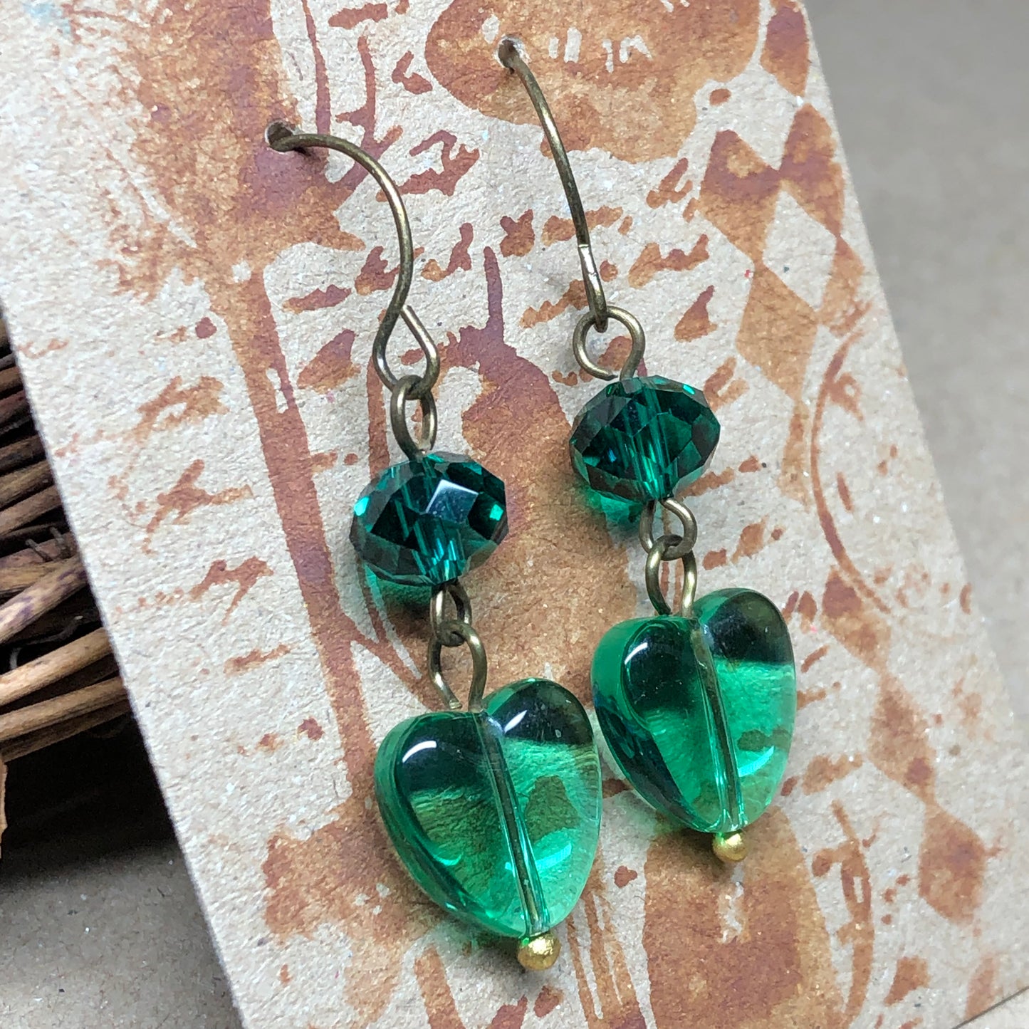 Green heart and crystal earrings