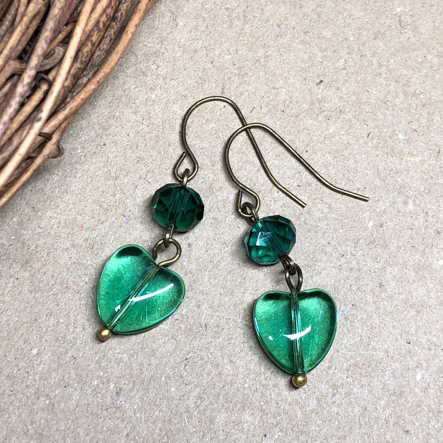 Green heart and crystal earrings