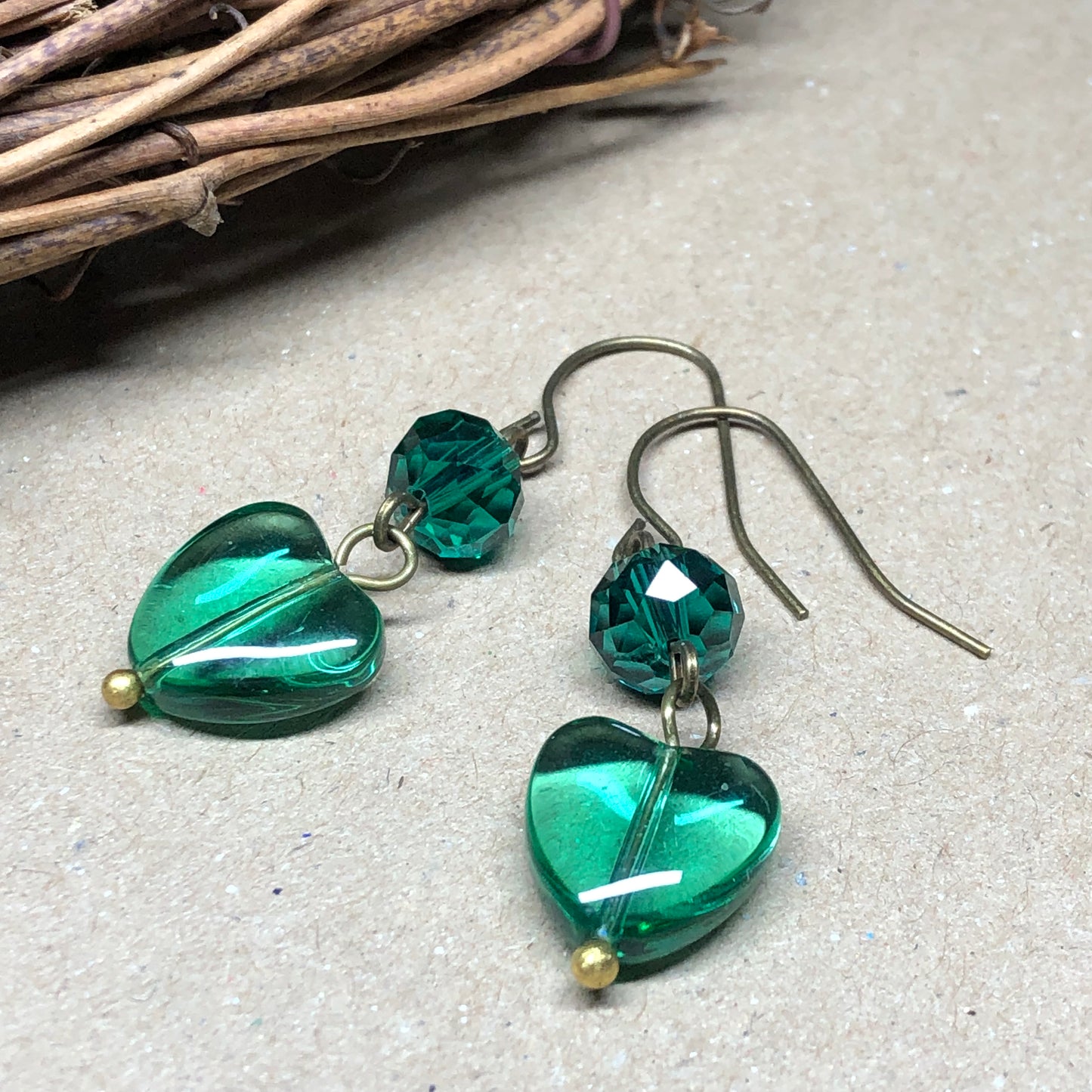 Green heart and crystal earrings