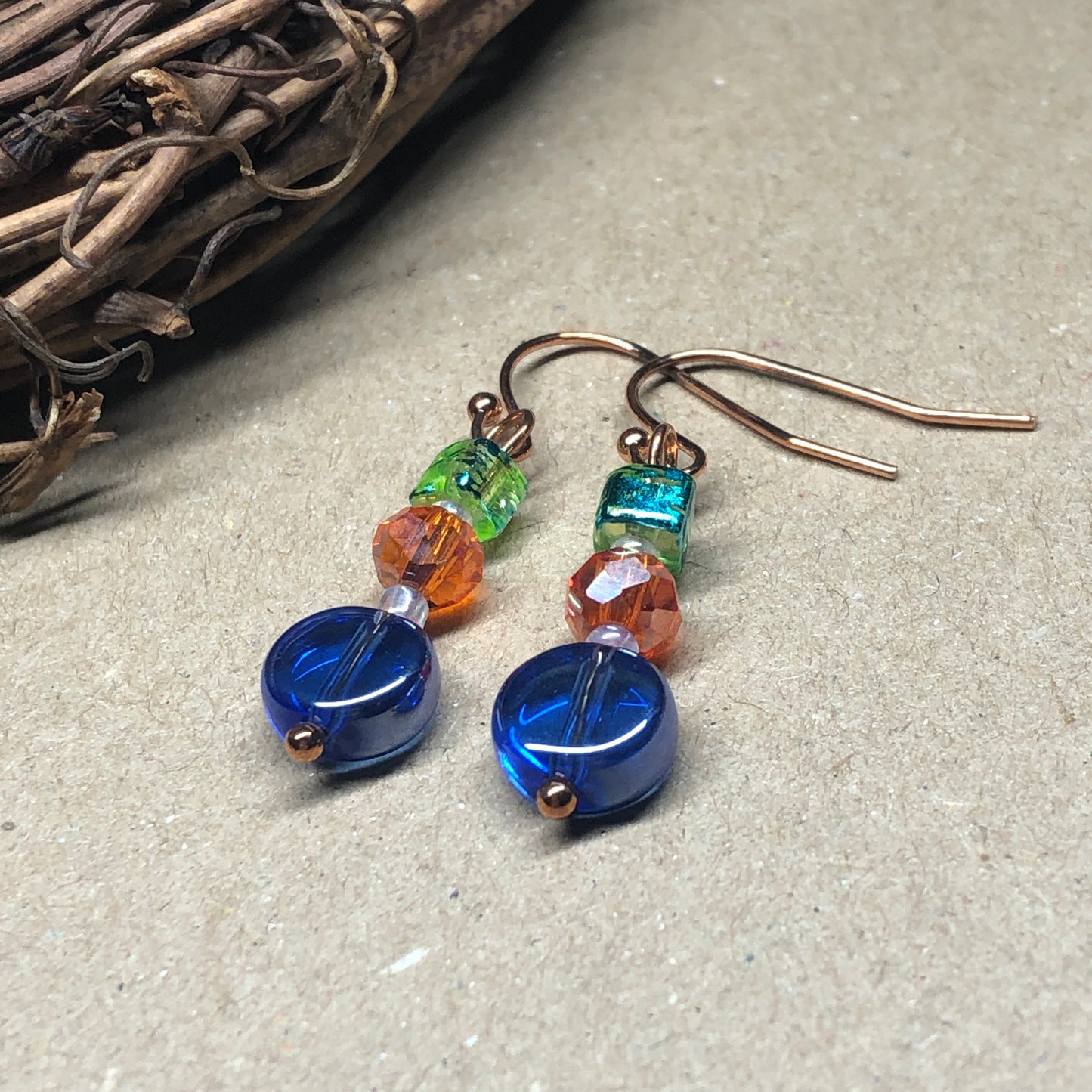 Colourful glass dangle rose gold earrings