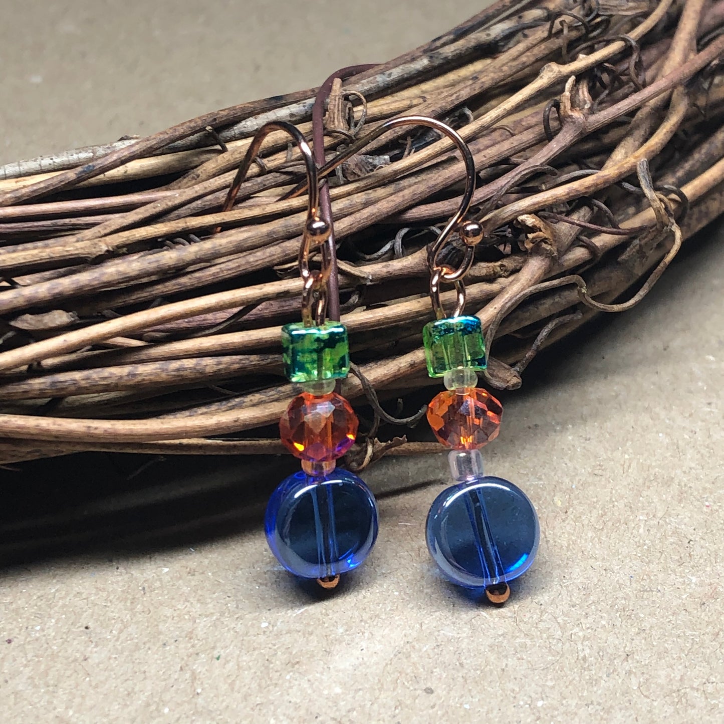 Colourful glass dangle rose gold earrings