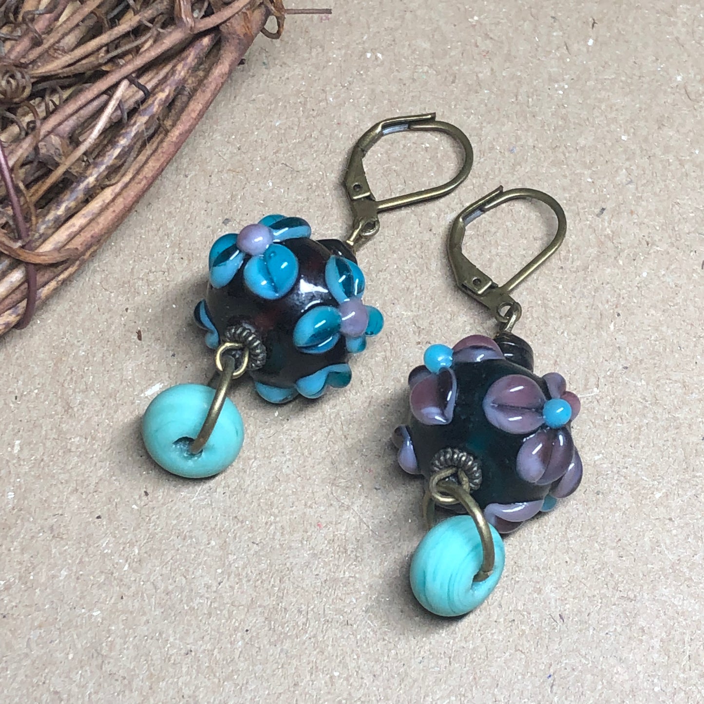 Purple floral lampwork bead earrings