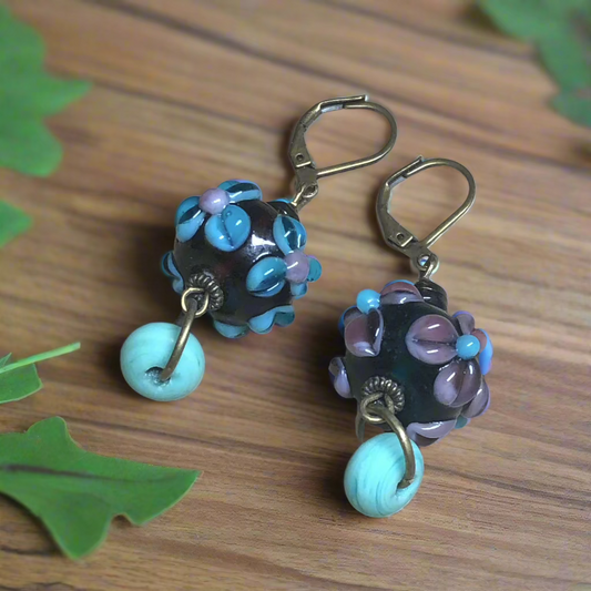 Preston - Purple floral lampwork bead earrings