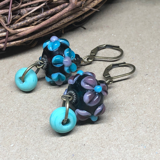 Purple floral lampwork bead earrings