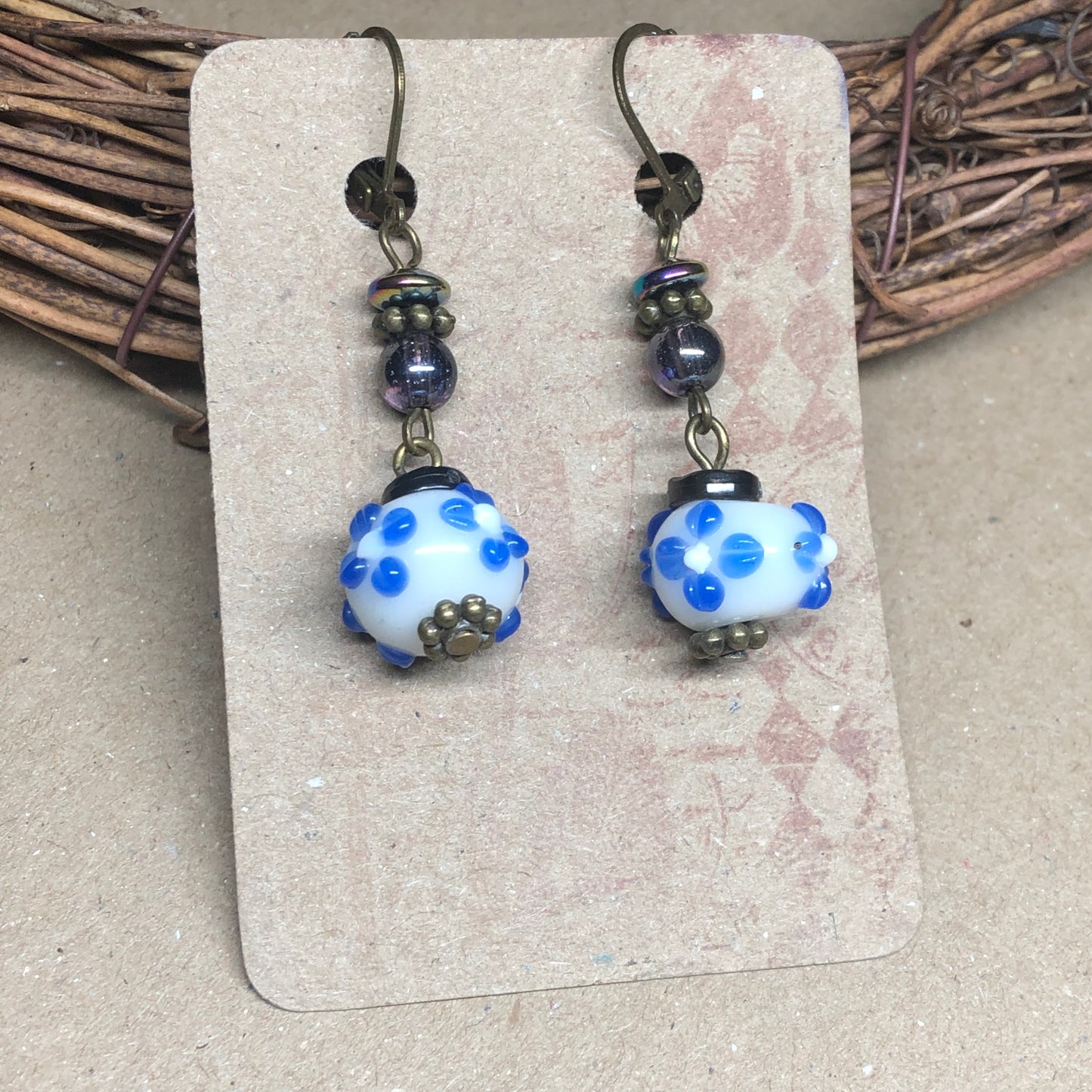 Blue white flower lampwork bead earrings