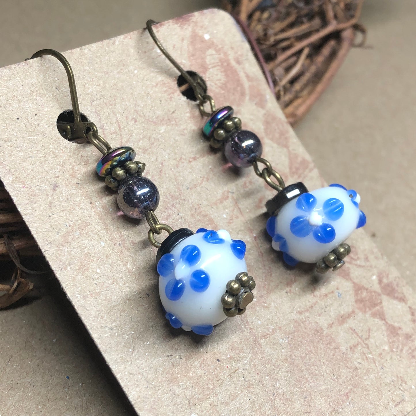 Blue white flower lampwork bead earrings