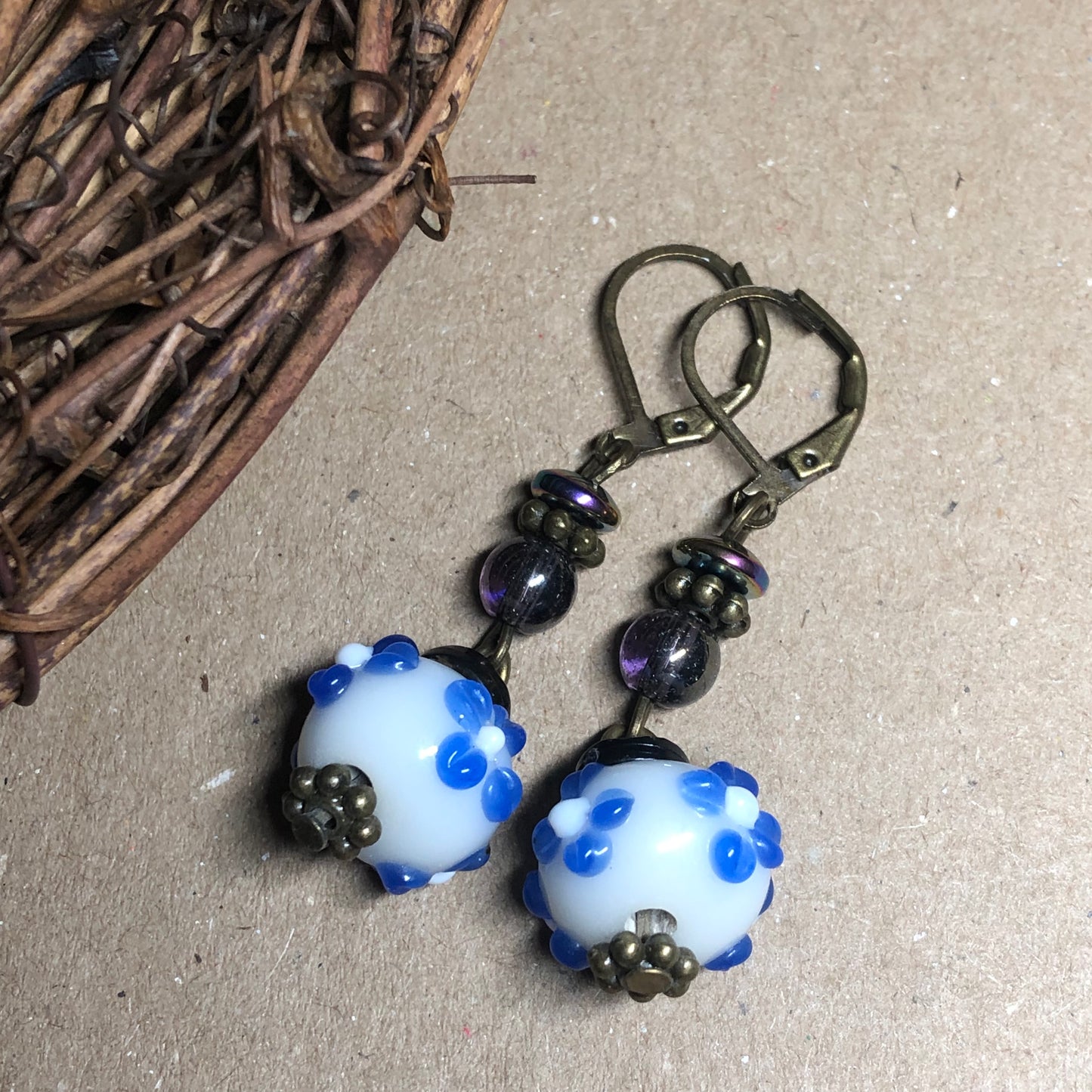 Blue white flower lampwork bead earrings