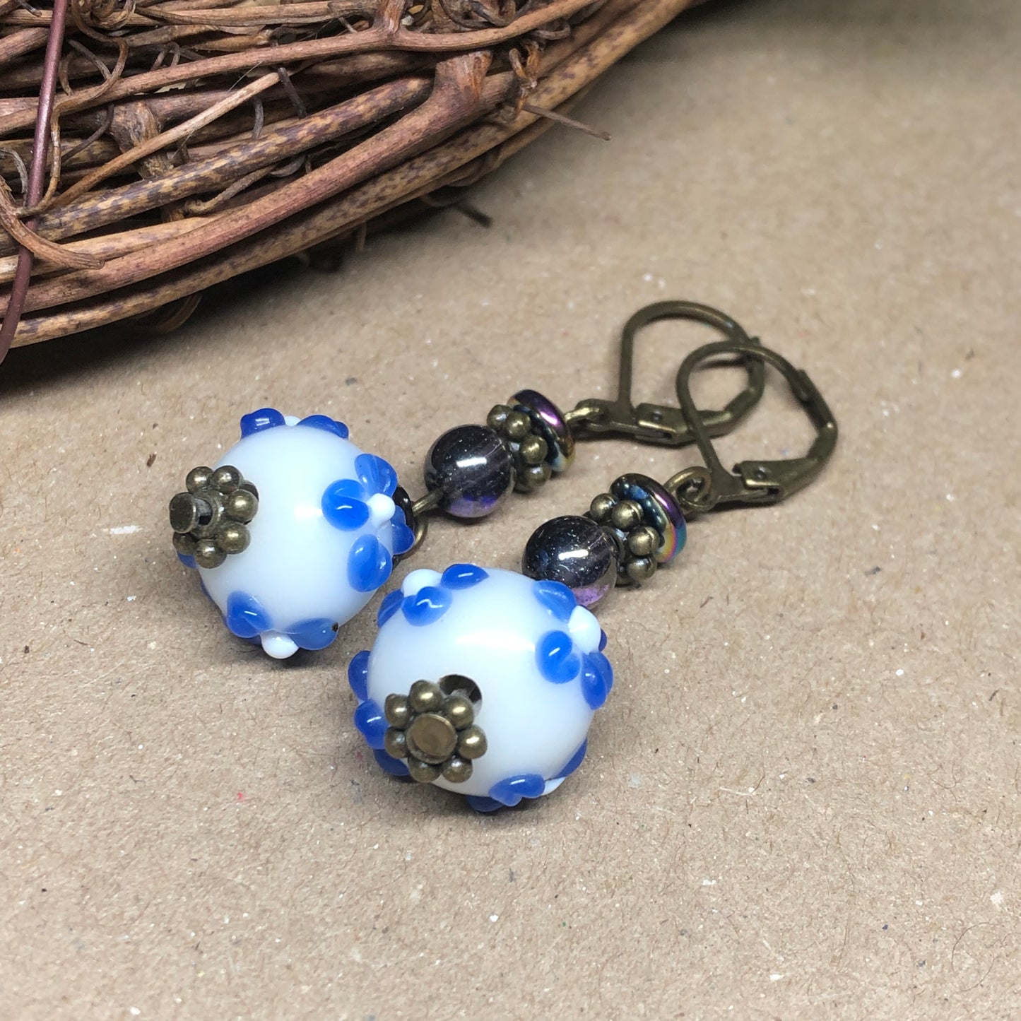 Blue white flower lampwork bead earrings