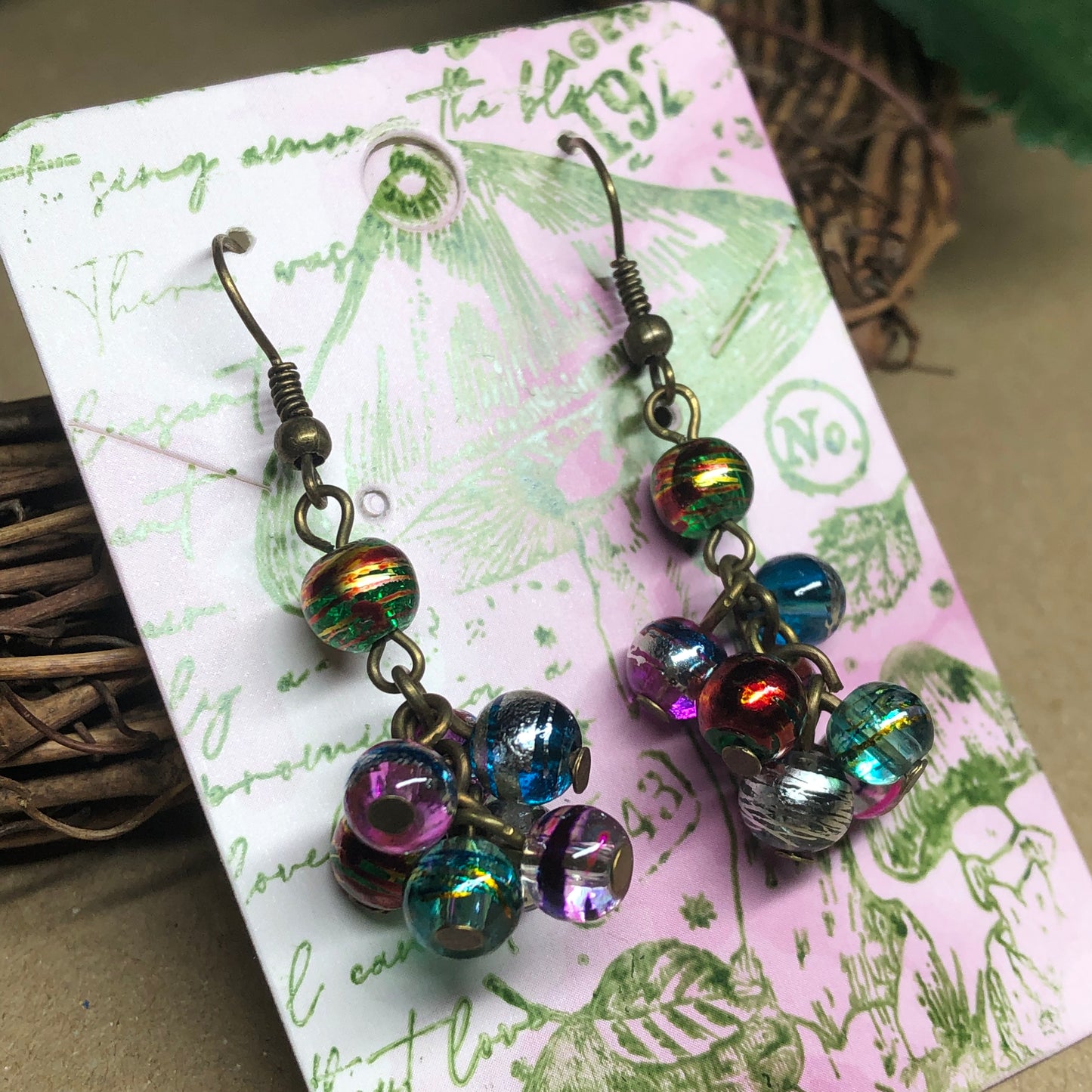 Rainbow foil glass cluster earrings