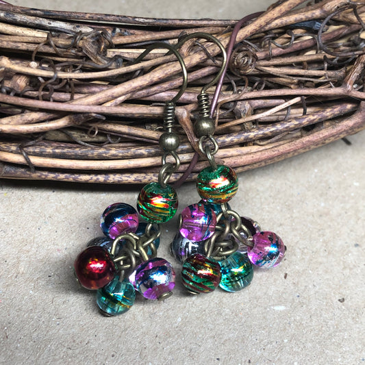 Rainbow foil glass cluster earrings