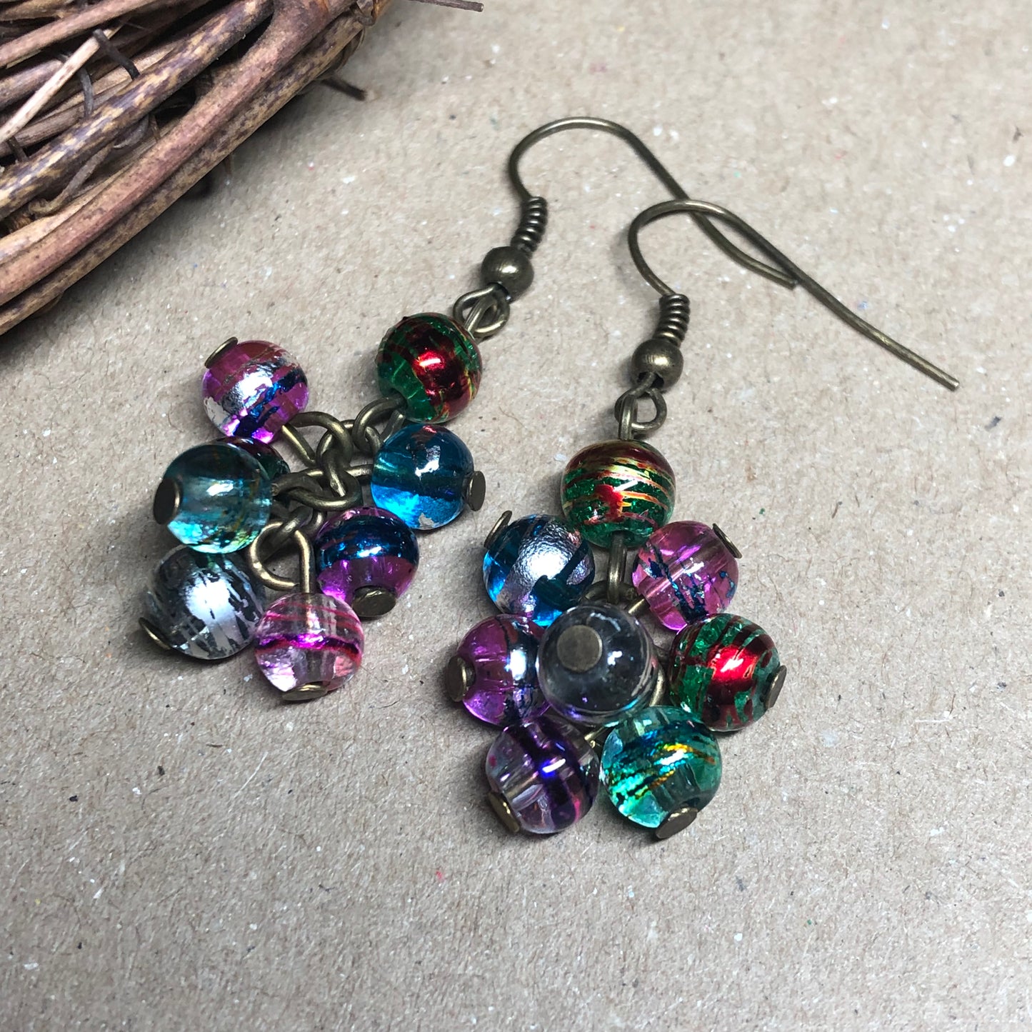 Rainbow foil glass cluster earrings