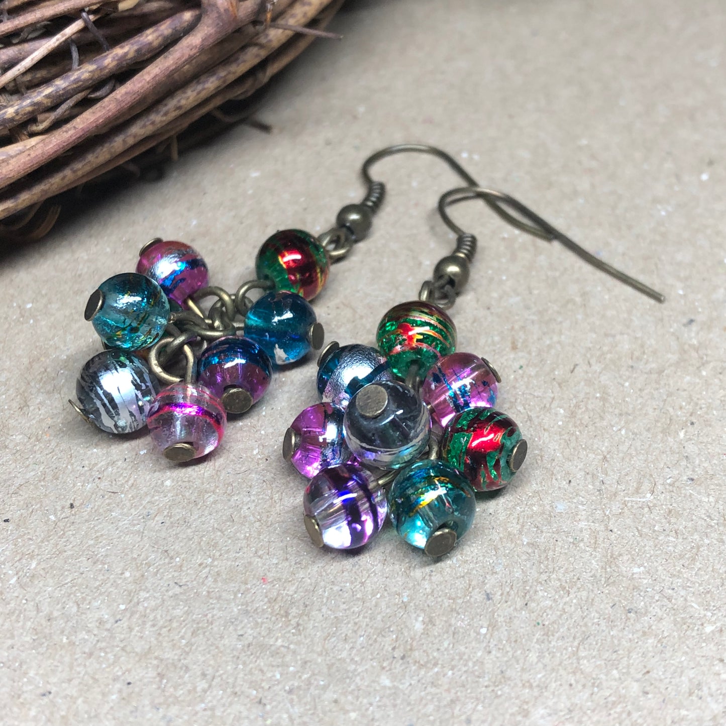 Rainbow foil glass cluster earrings